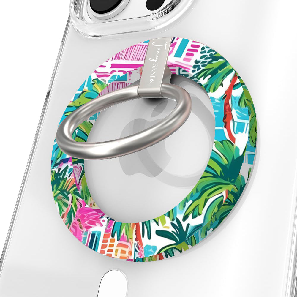 La Palma Villa tropical pattern MagSafe phone grip ring with pink and orange architecture and green palm leaves compatible with iPhone and Samsung