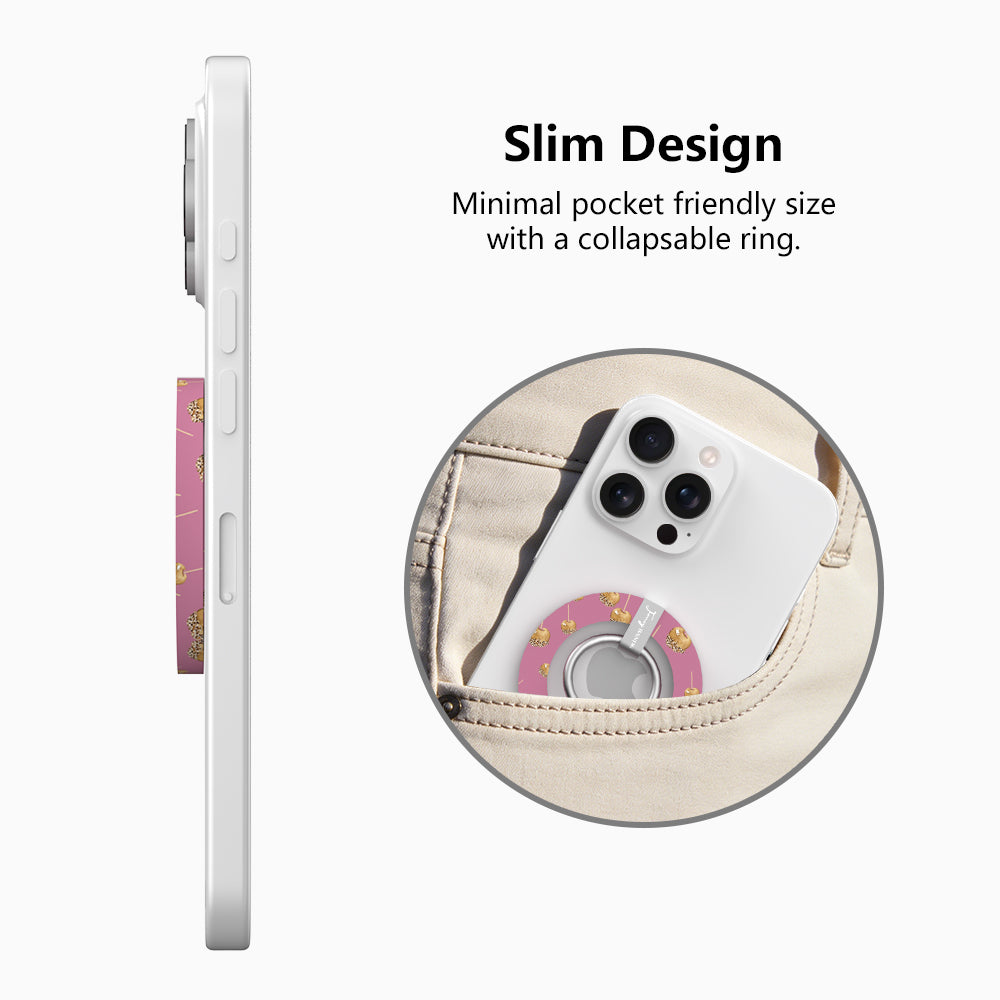 Slim design diagram for the Caramel Coated Cutie MagSafe grip ring, showing the low-profile collapsible ring sliding easily into a pocket.