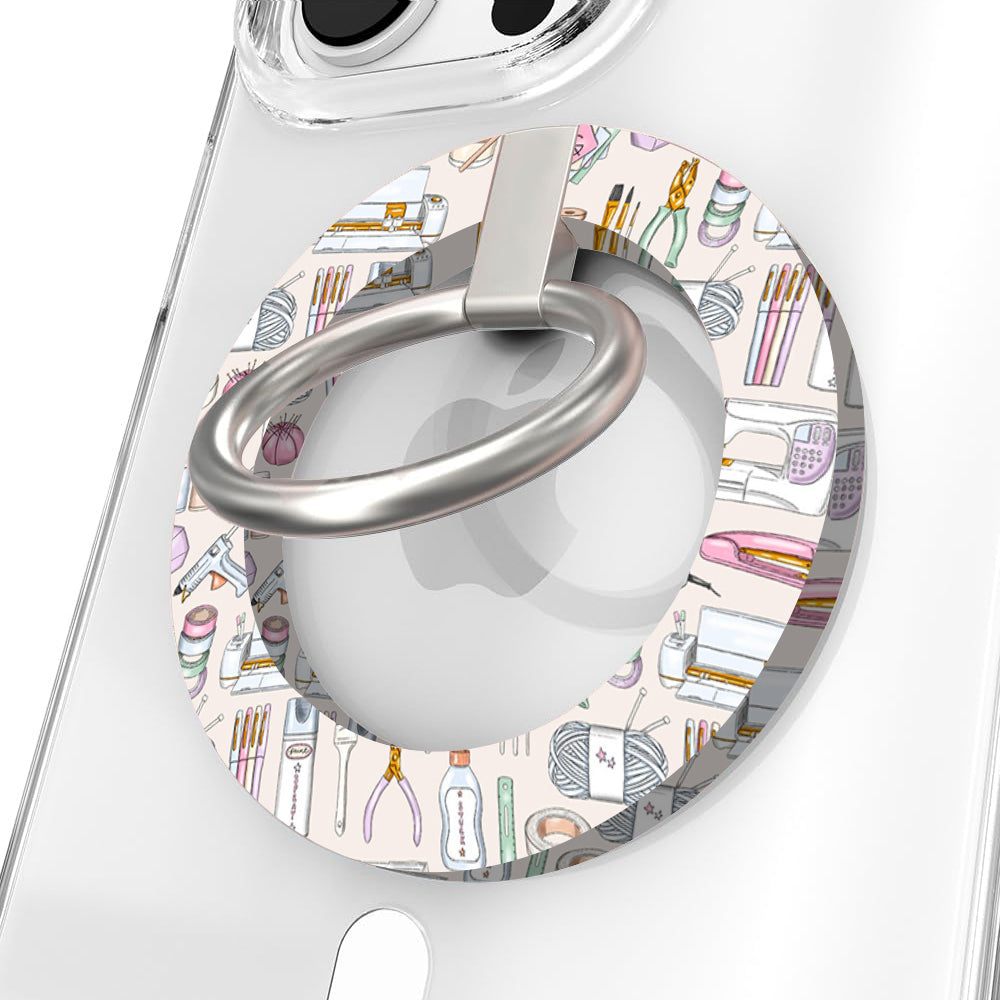 I Can Totally Make That Hold It Fancy MagSafe Grip Ring â Featuring a charming, hand-drawn pattern of essential crafting toolsâfrom sewing machines and yarn balls to glue guns and scissorsâthis acc...