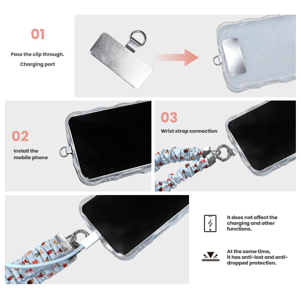 3 steps to attach a Holiday Spirits, Please? scrunchie phone wrist strap: pass the tab through the charging port, fit the case, clip on the wrist strap