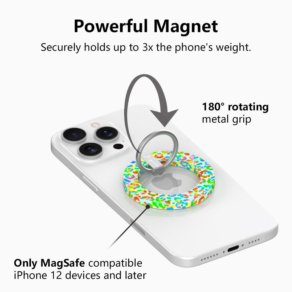Rainbow Roar Leopard MagSafe phone grip ring with neon multi-colored animal print spots on a mint background compatible with iPhone and Samsung