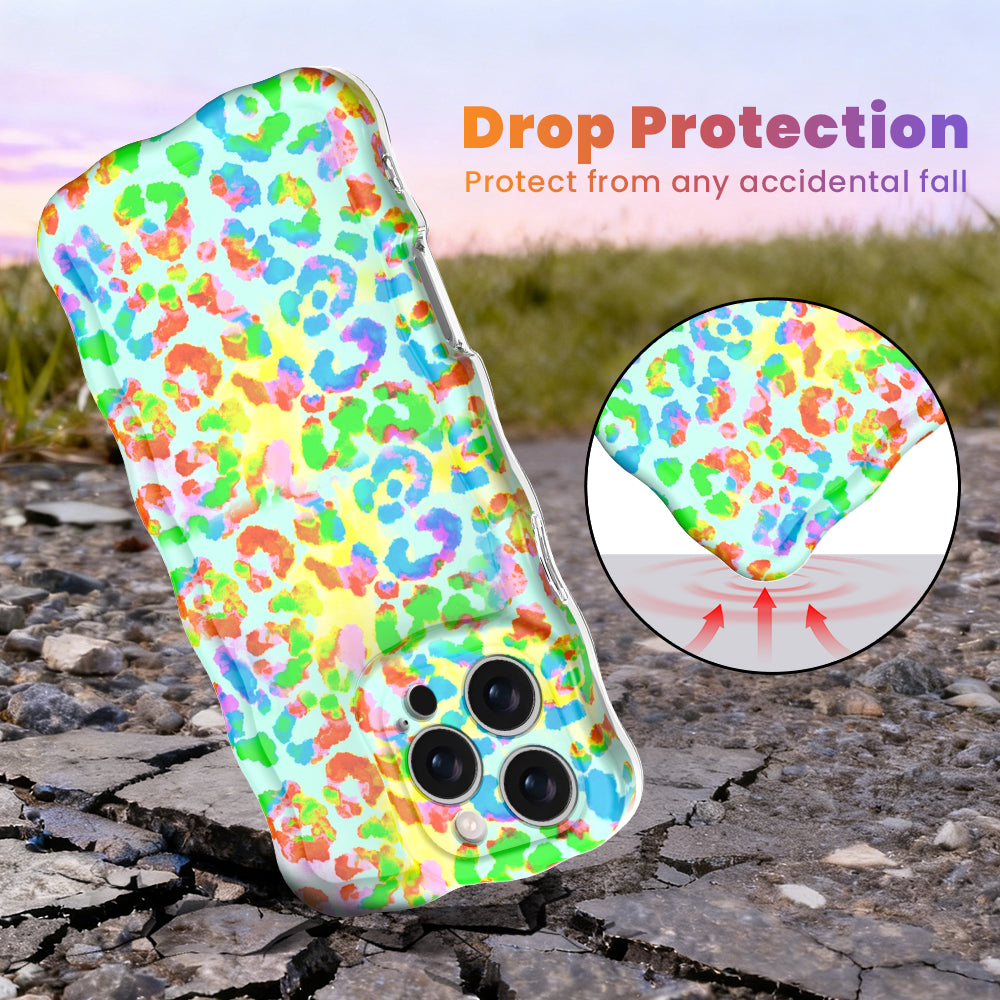Wavy iPhone case featuring a vibrant neon rainbow leopard print with a high-gloss finish.