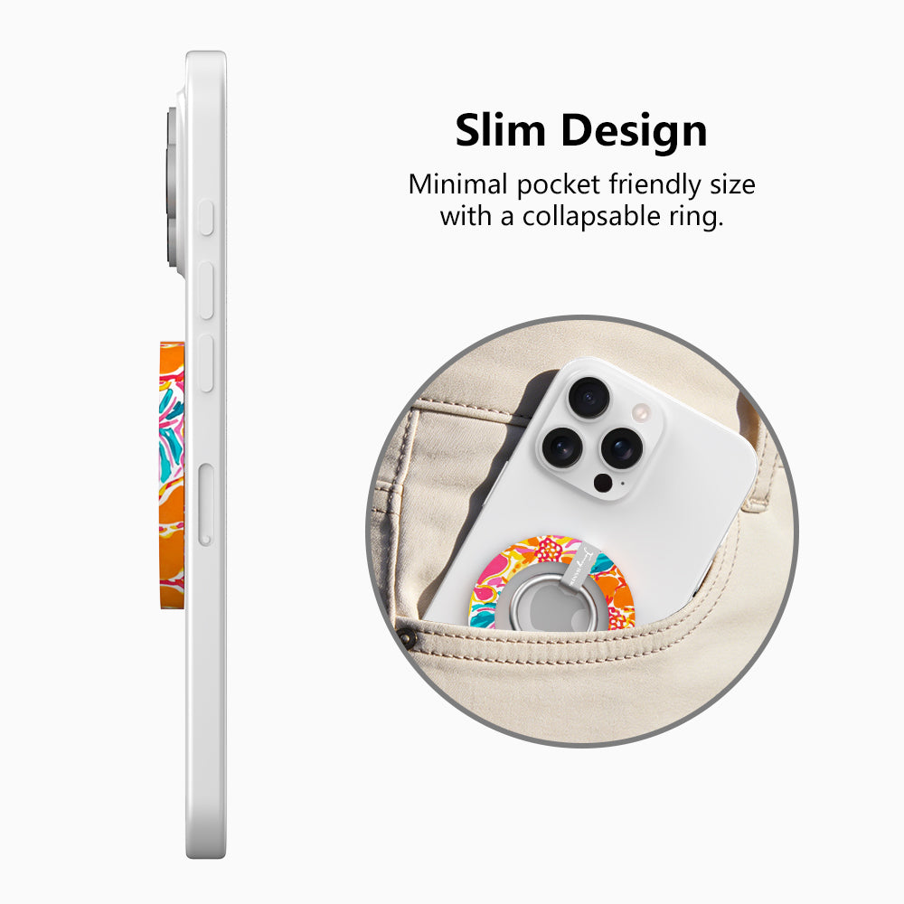 Sunset Hibiscus vibrant floral MagSafe phone grip ring with orange pink yellow and teal tropical pattern compatible with iPhone and Samsung