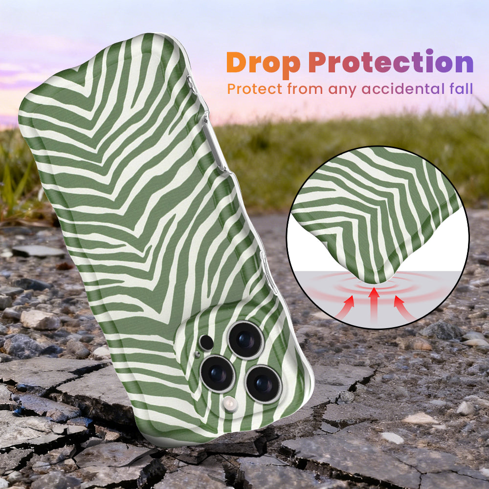 Trendy palm green and white wavy iPhone case featuring a bold zebra print pattern with a high-gloss finish.