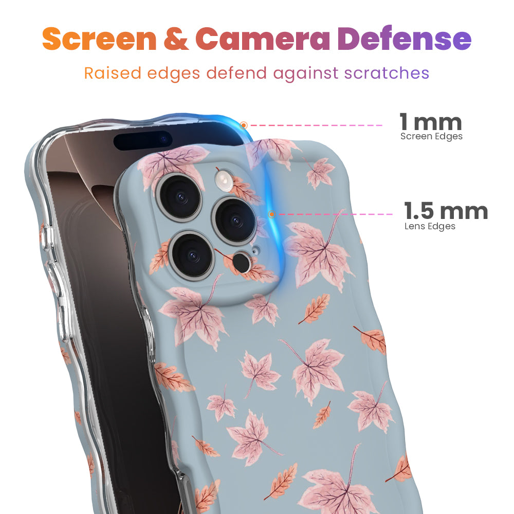 Screen and camera defense diagram for the Autumn Breeze iPhone case, showing the 1 mm raised screen edge and 1.5 mm raised lens edge that guard against scratches.