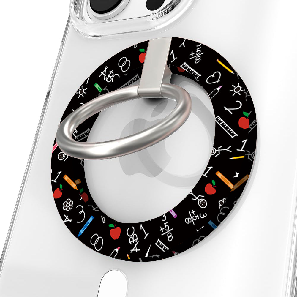 Teach Love Inspire school chalkboard pattern MagSafe phone grip ring with apples rulers and pencils compatible with iPhone and Samsung