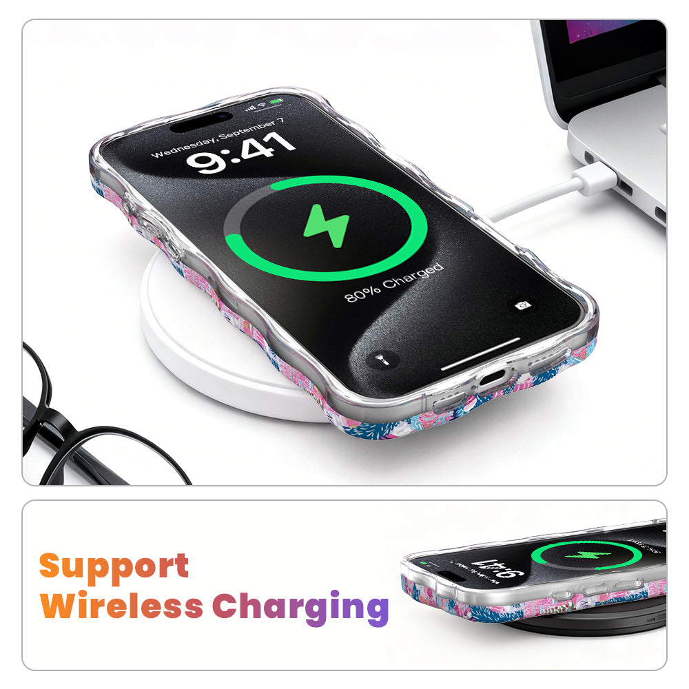 Sugarplum Square MagSafe iPhone case on a wireless charging pad, showing wireless charging works through the case