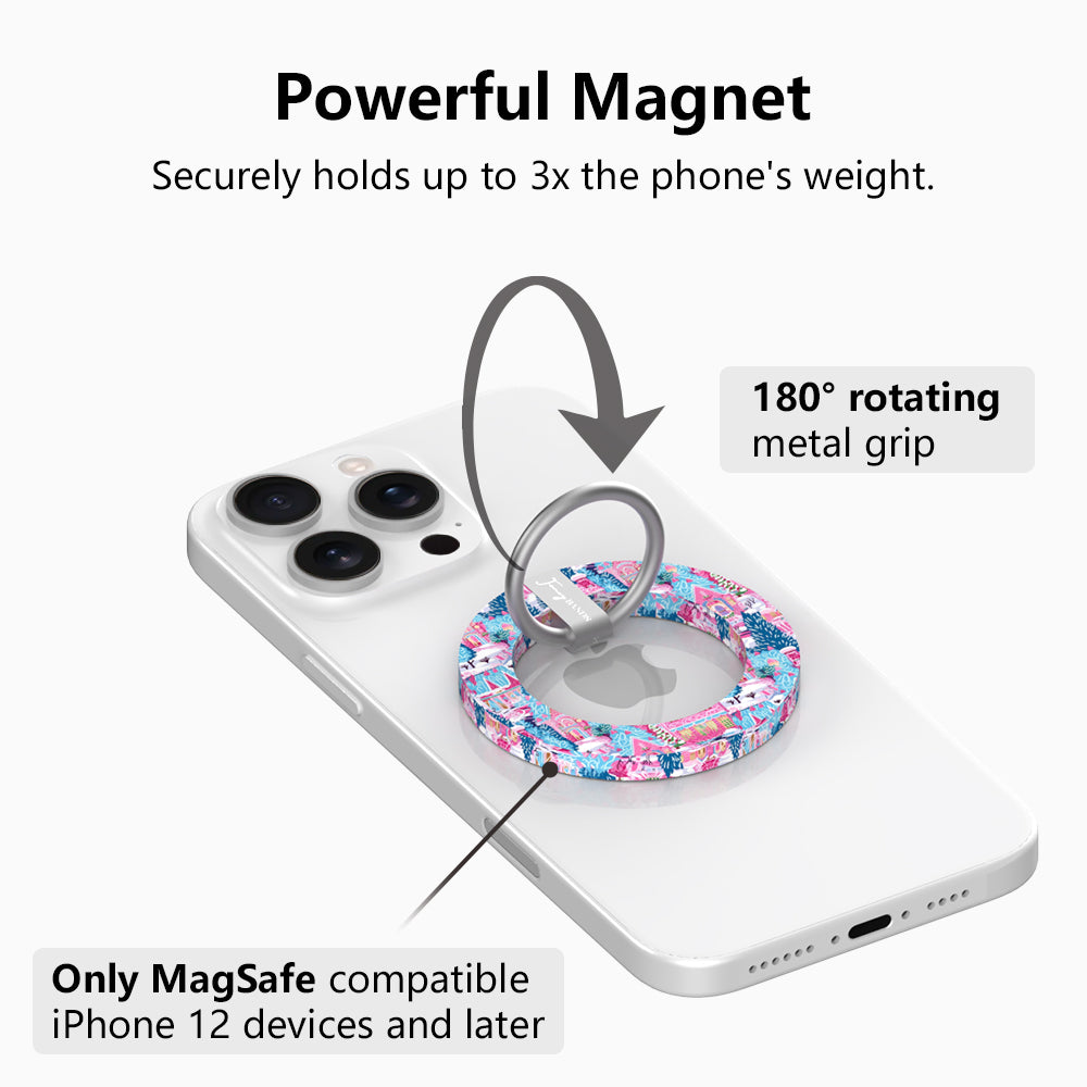 Sugarplum Square MagSafe grip ring with 180 degree rotating silver ring, holds up to 3x the phone's weight, for MagSafe iPhone 12 and later