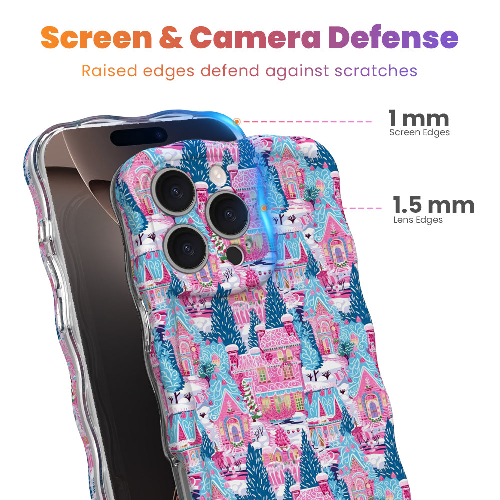 Sugarplum Square iPhone case with 1 mm raised screen edges and 1.5 mm raised camera lens edges, pink Christmas village print