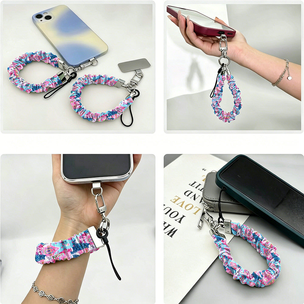 Four views of the Sugarplum Square scrunchie phone wrist strap: with its phone tab, dangling from a phone in hand, worn on the wrist, and clipped to a bag