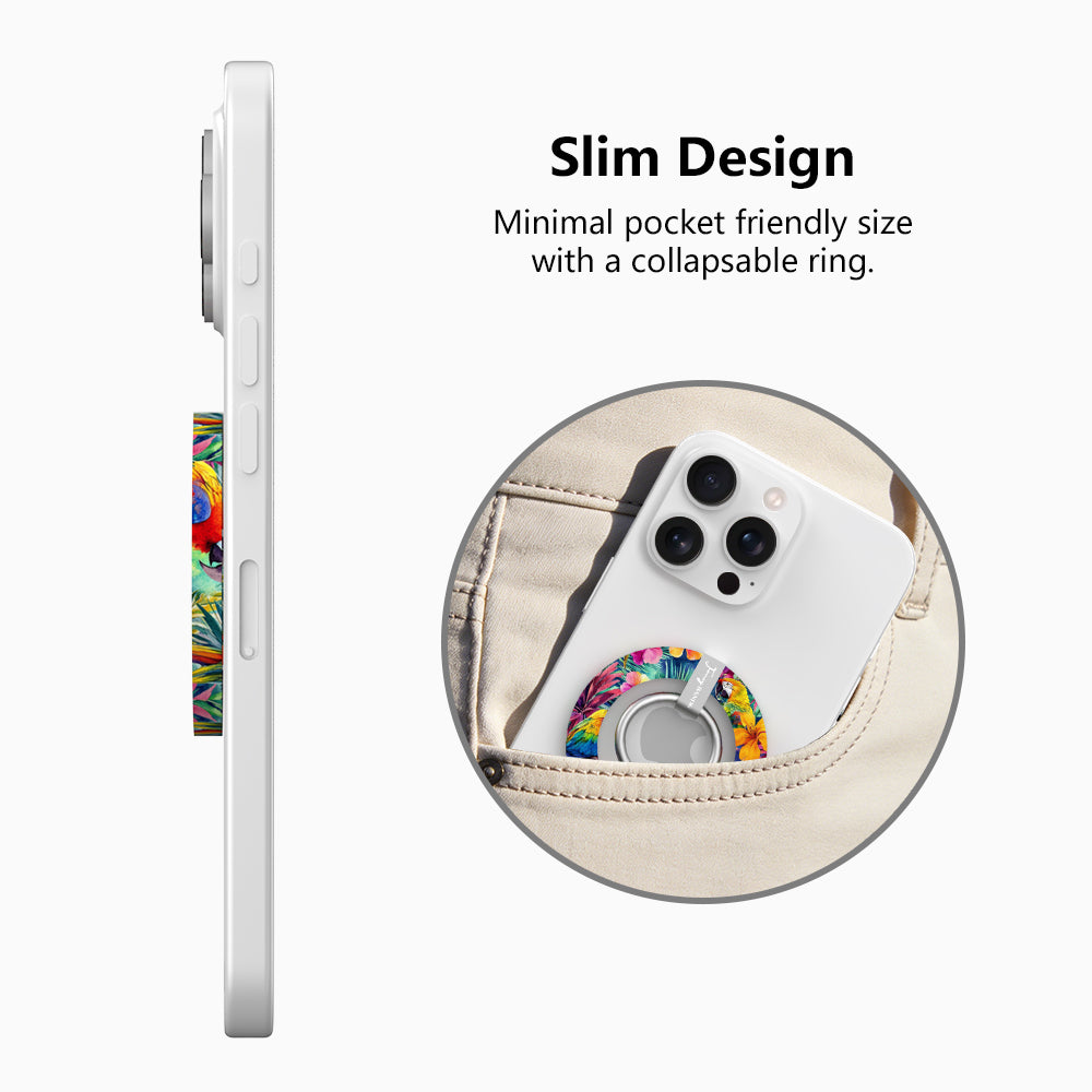 Parrot Paradise tropical pattern MagSafe phone grip ring with colorful parrots and hibiscus flowers compatible with iPhone and Samsung