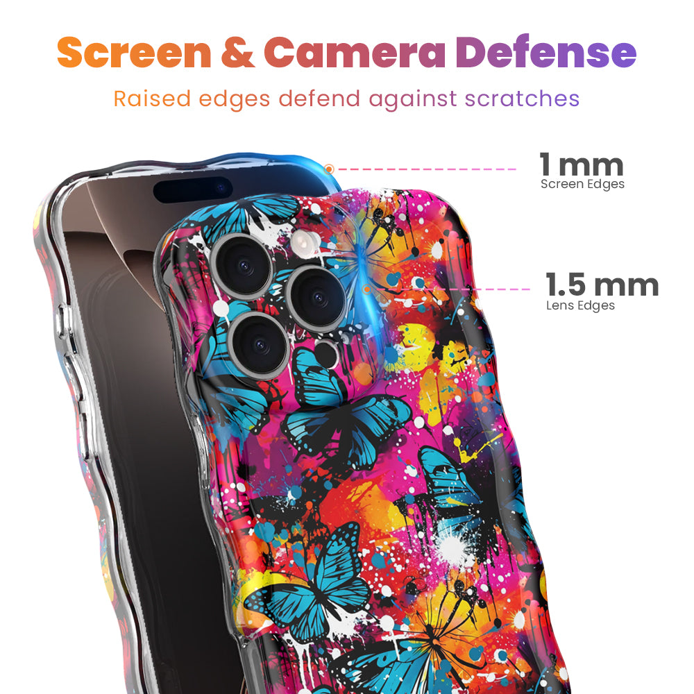 Trendy wavy iPhone case featuring a vibrant street-art collage of electric blue and yellow butterflies over neon pink paint splatters with a high-gloss finish.