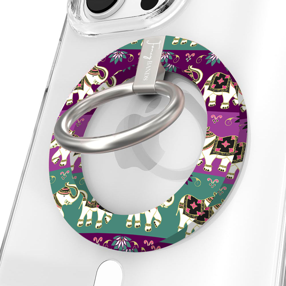 Fortune Parade Hold It Fancy MagSafe grip ring with a colorful boho elephant parade print from Fancy Bands