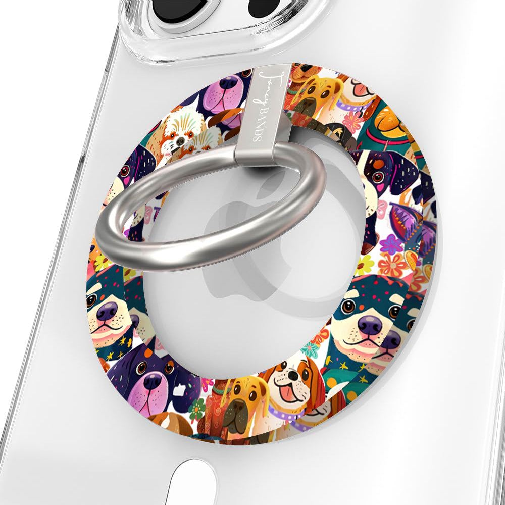 Zero Woofs Given Hold It Fancy MagSafe grip ring with a colorful illustrated dog print design from Fancy Bands