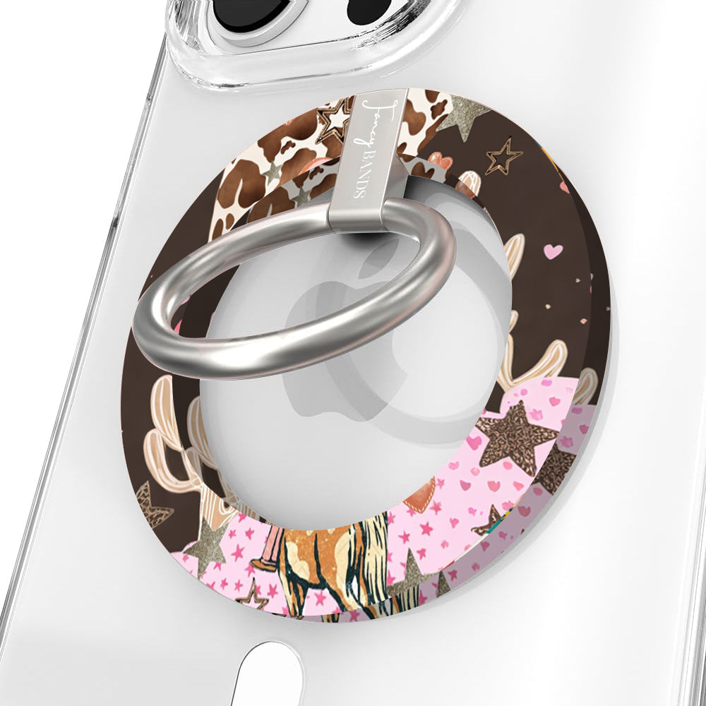 Yee Haw Honey retro Western MagSafe phone grip ring with a cowgirl on a horse, pink cowboy hat, desert cacti, glittery stars, and animal print on a brown and pink background compatible with iPhone and Samsung