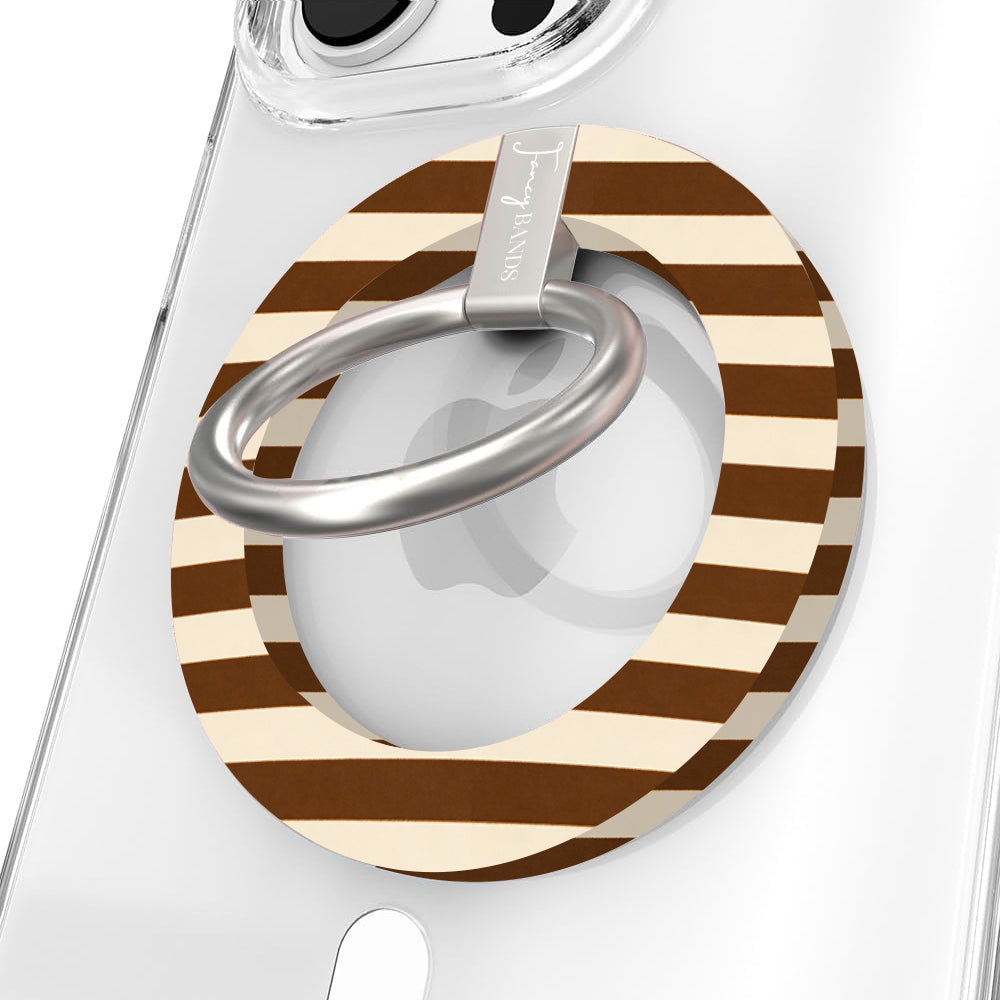 Sweet Espresso Stripes Hold It Fancy MagSafe grip ring with a brown and cream striped print from Fancy Bands
