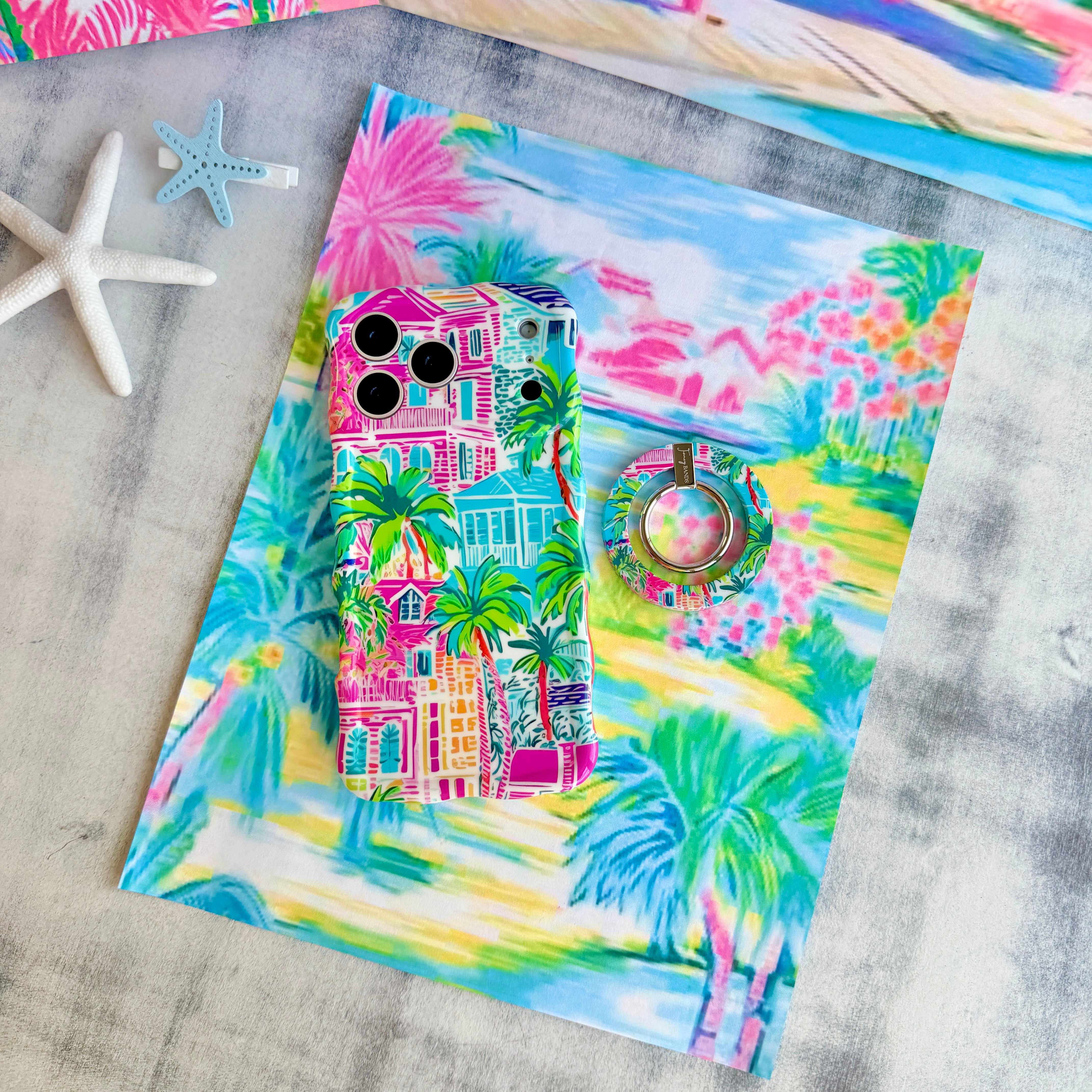 La Palma Villa tropical pattern MagSafe phone grip ring with pink and orange architecture and green palm leaves compatible with iPhone and Samsung