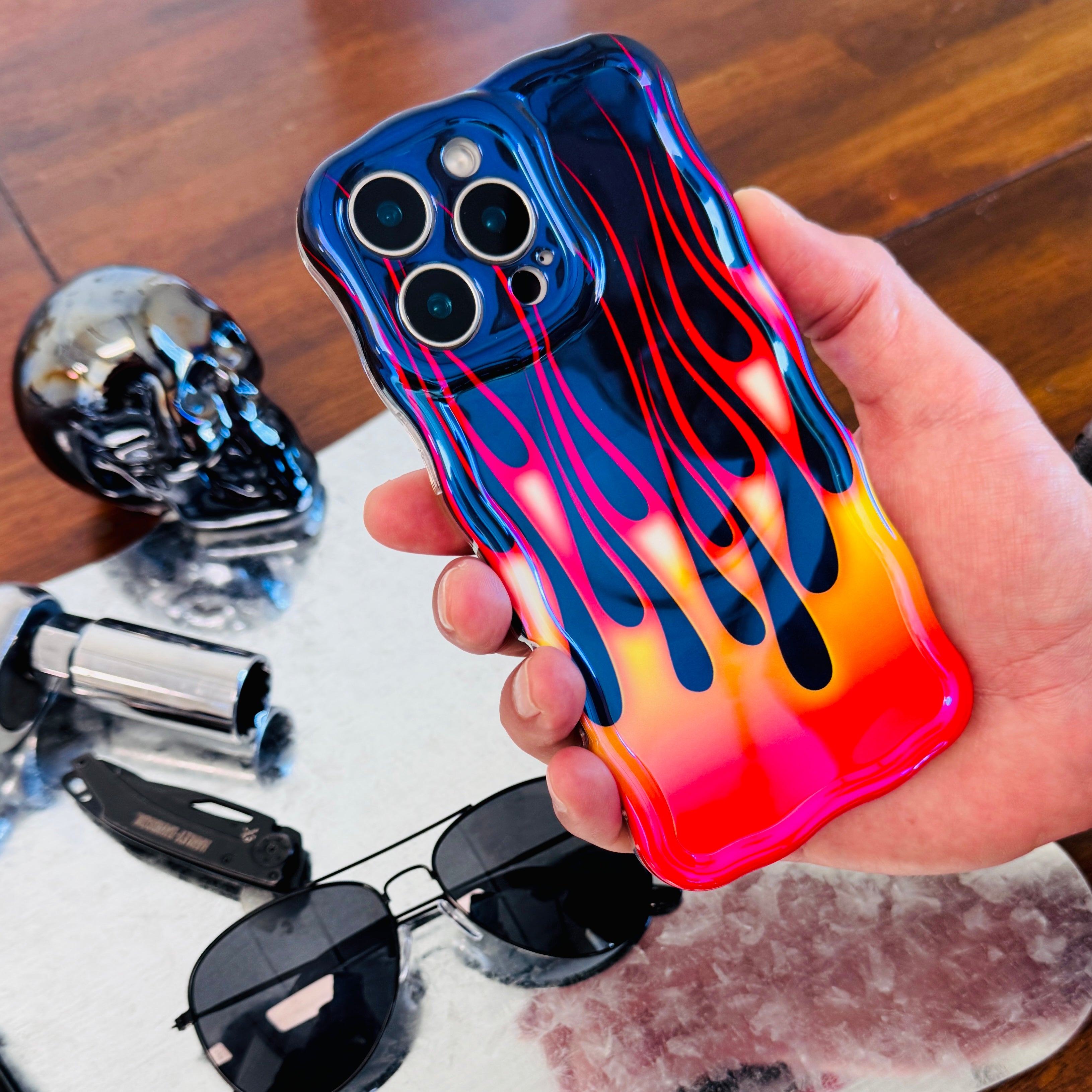 Hot Rod Flame MagSafe iPhone case with colorful fire flames on black background by Fancy Bands