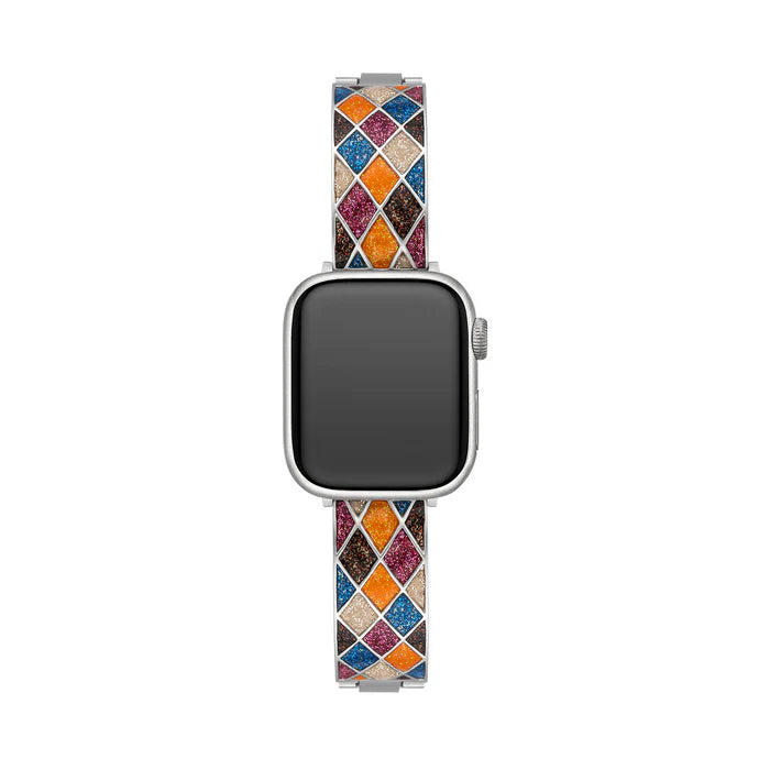 Mosaic Glow stainless steel Apple Watch band with multicolor glitter mosaic inlay in blue, pink, orange, and gold