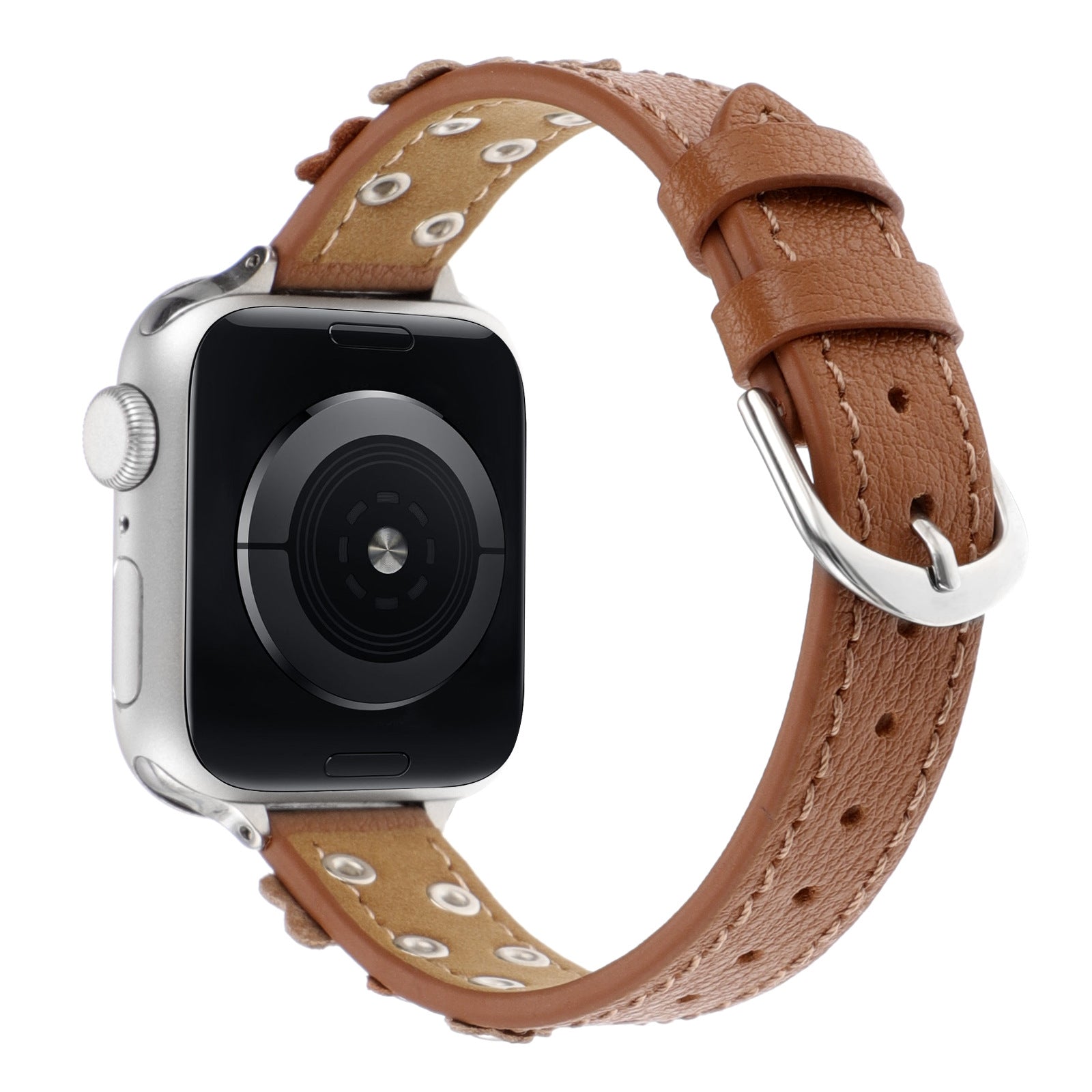 Sweet Saddle slim leather Apple Watch band in saddle tan with floral leather appliqués and silver studs