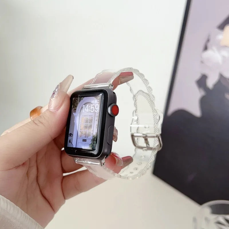Petal Edge Clear Silicone Sport Band For Apple Watch Multiple Colors Available — Clear Jelly Finish: Made from soft, translucent silicone with a jelly-like texture, providing a lightweight and comf...
