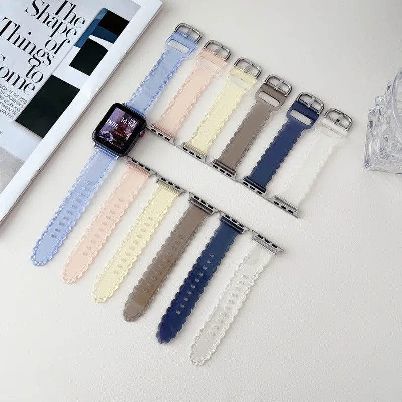 Petal Edge Clear Silicone Sport Band For Apple Watch Multiple Colors Available — Clear Jelly Finish: Made from soft, translucent silicone with a jelly-like texture, providing a lightweight and comf...