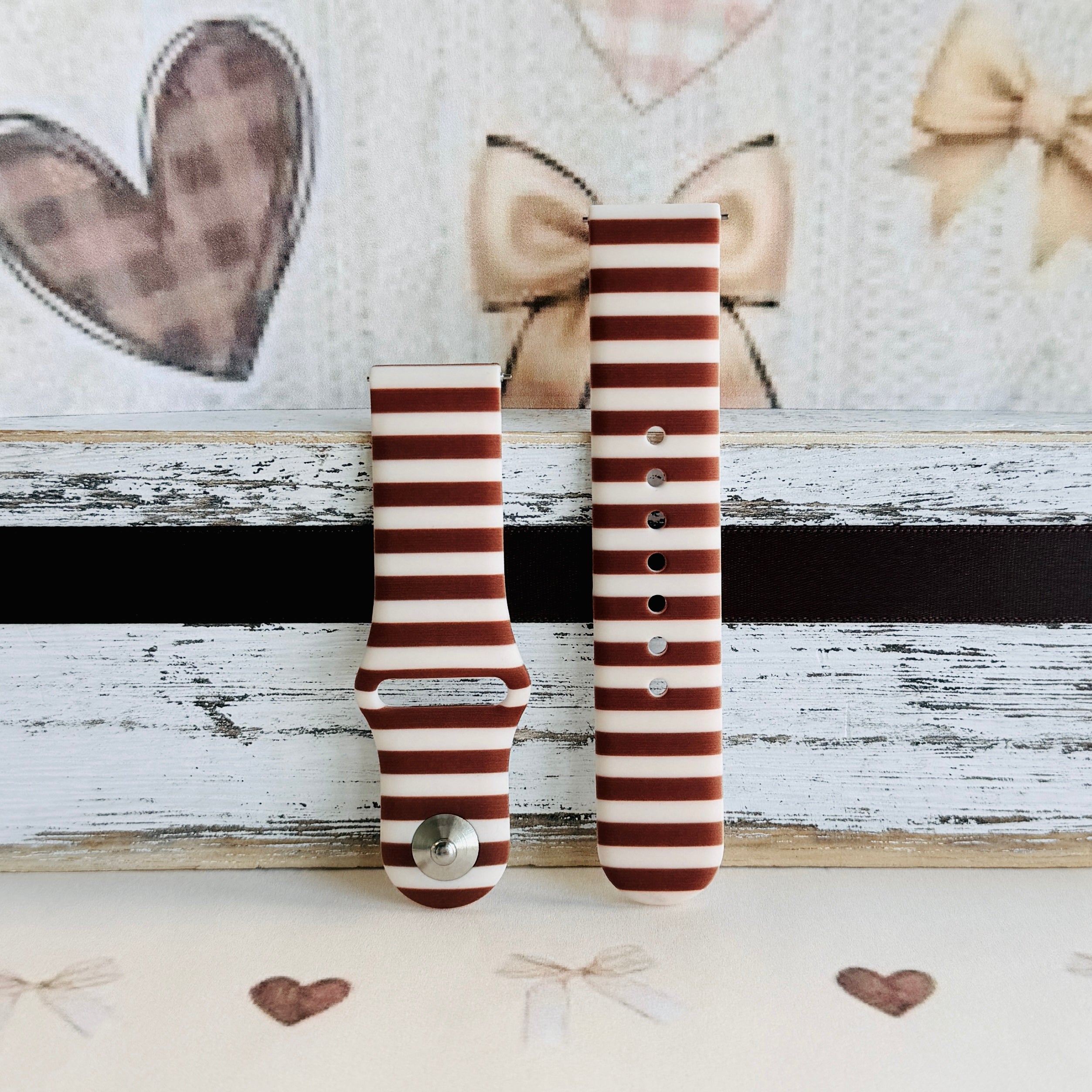 Sweet Espresso Stripes Samsung Galaxy Watch band with both strap halves side by side on weathered wood, showing the full brown and cream striped print.