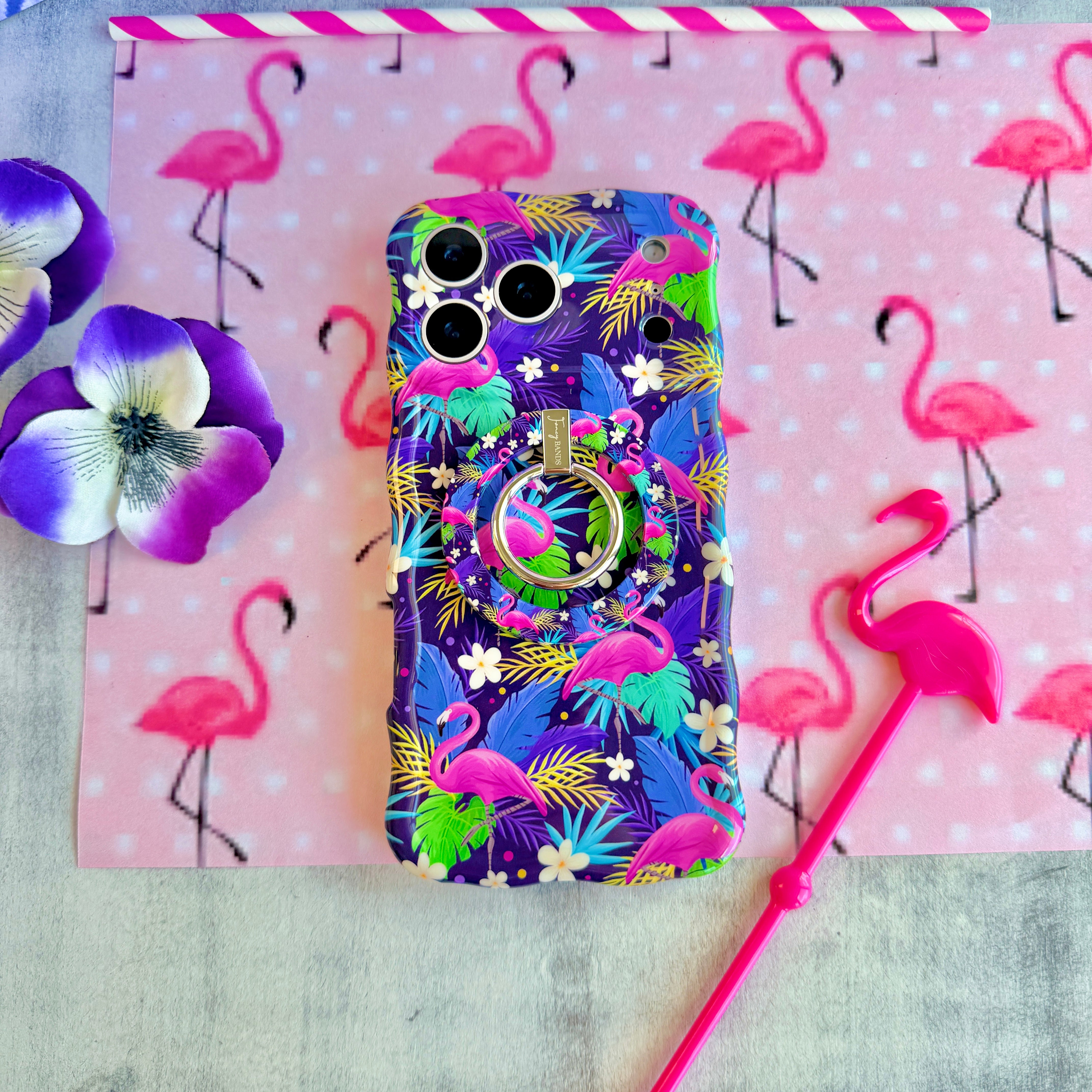It's Giving Flamingo tropical pattern MagSafe phone grip ring with pink flamingos and colorful exotic leaves on a dark background compatible with iPhone and Samsung