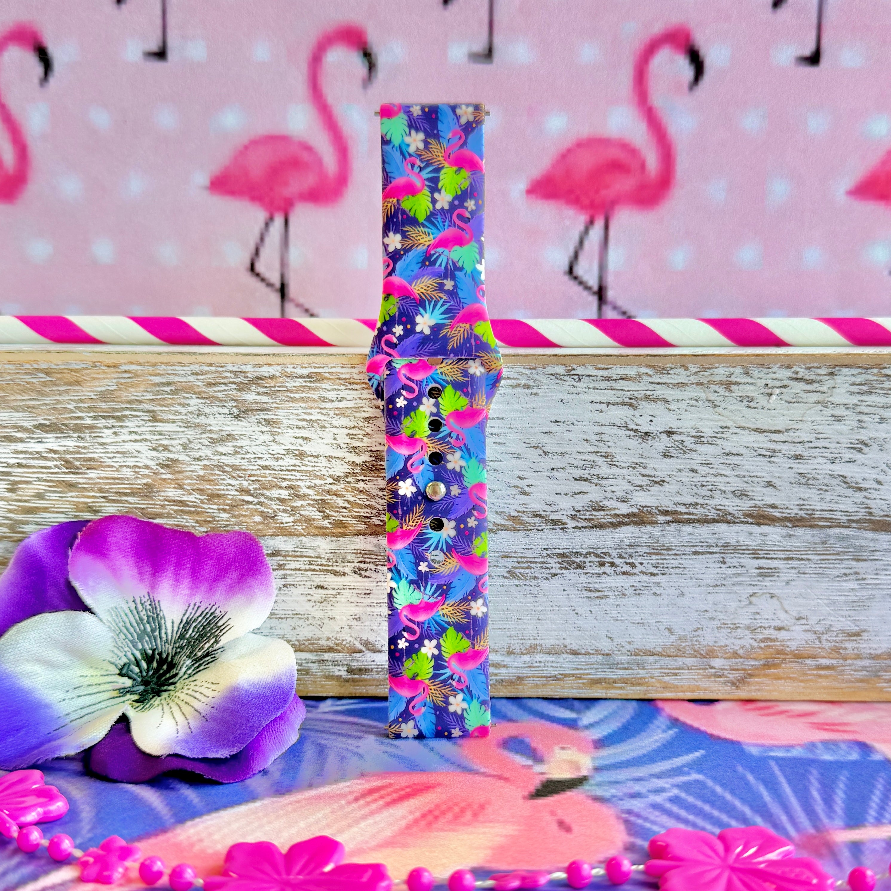 It's Giving Flamingo Samsung Watch band with pink flamingos and tropical palm leaves on blue background with flamingo decorations