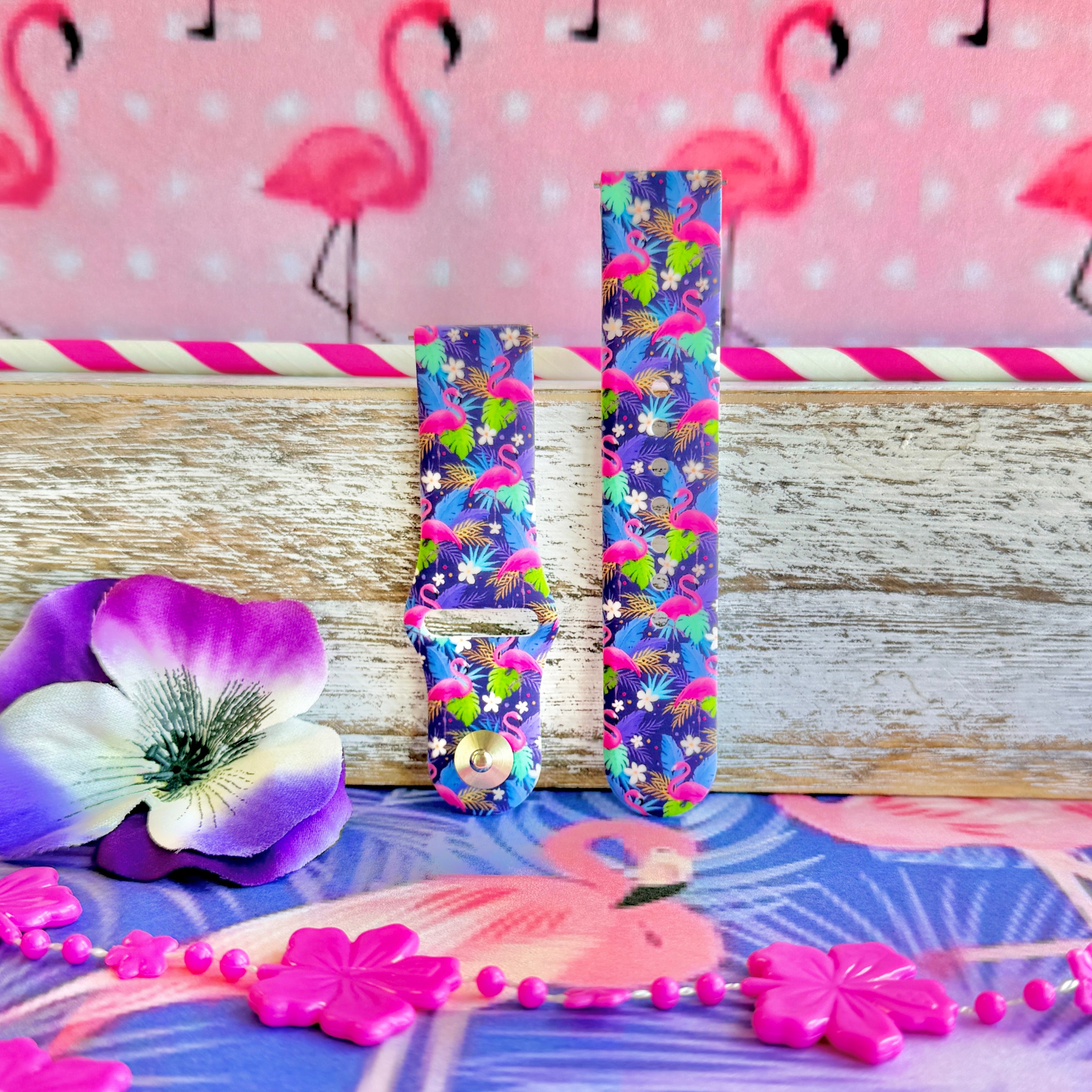 It's Giving Flamingo Samsung Watch band with pink flamingos and tropical palm leaves on blue background with flamingo decorations