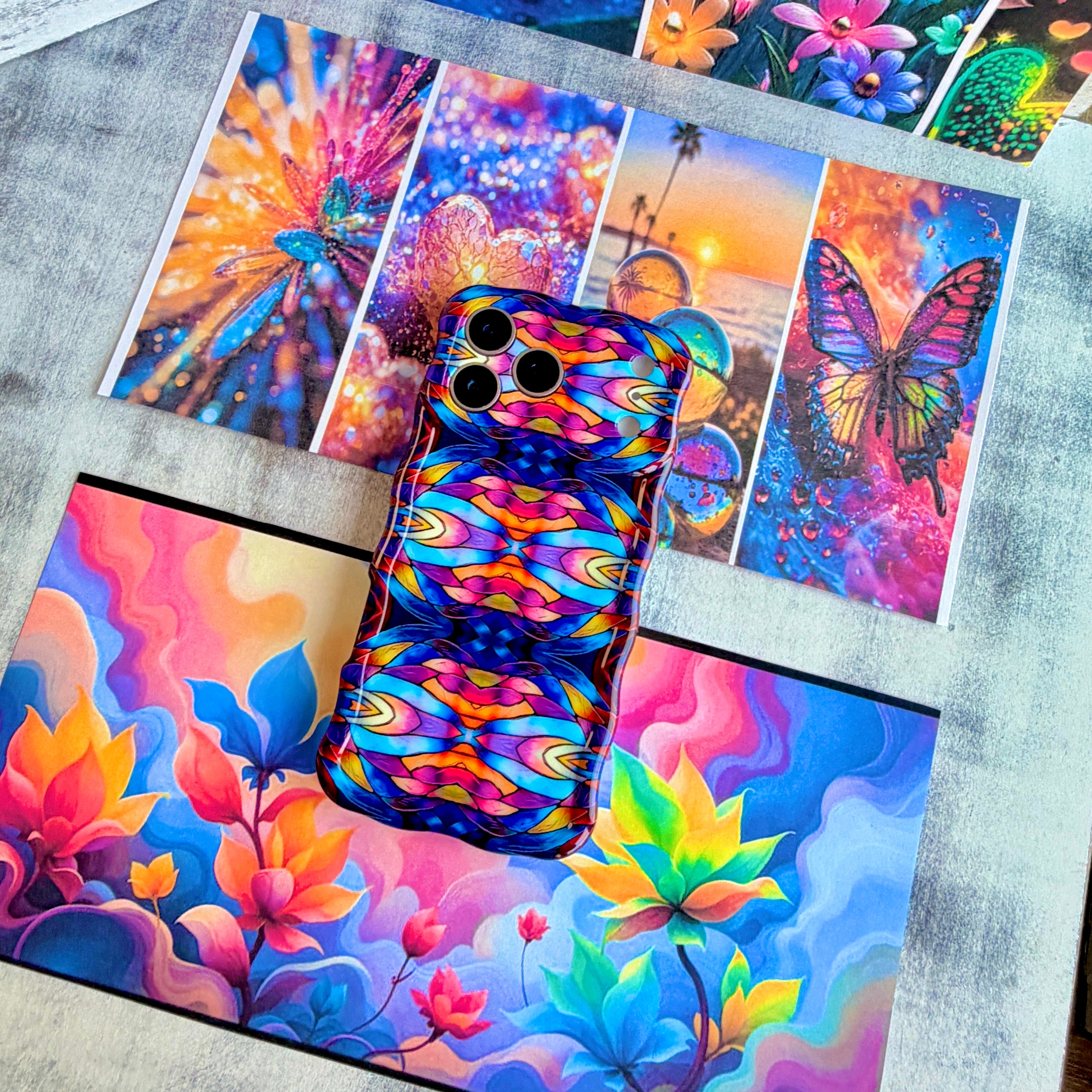 Vibrant wavy iPhone case featuring a symmetrical stained glass pattern in blue, purple, and orange.