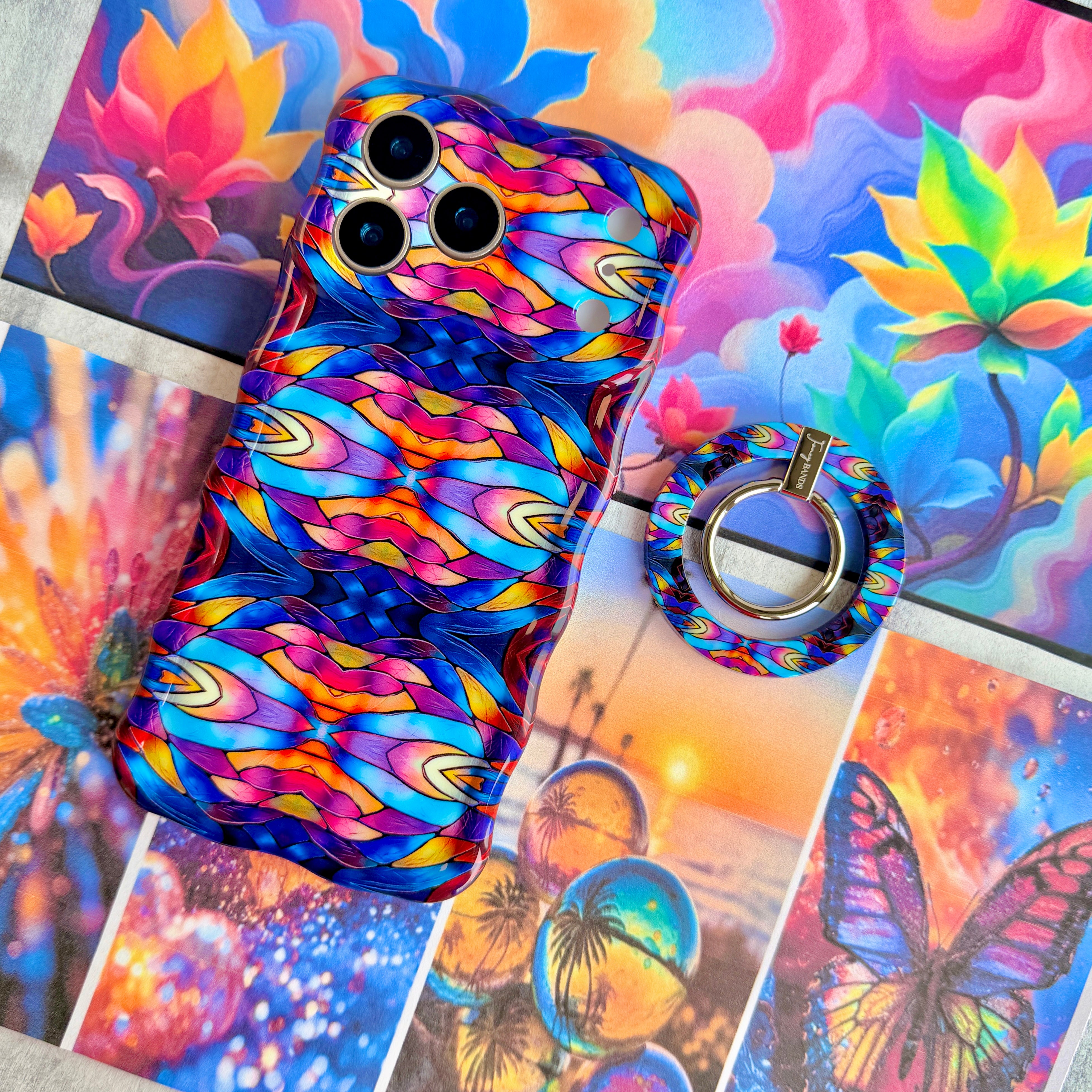 Vibrant wavy iPhone case featuring a symmetrical stained glass pattern in blue, purple, and orange.