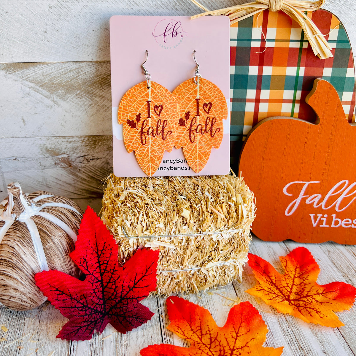 I Love Fall Leaf Shaped Faux Leather Drop Ear Bling Fancy Bands