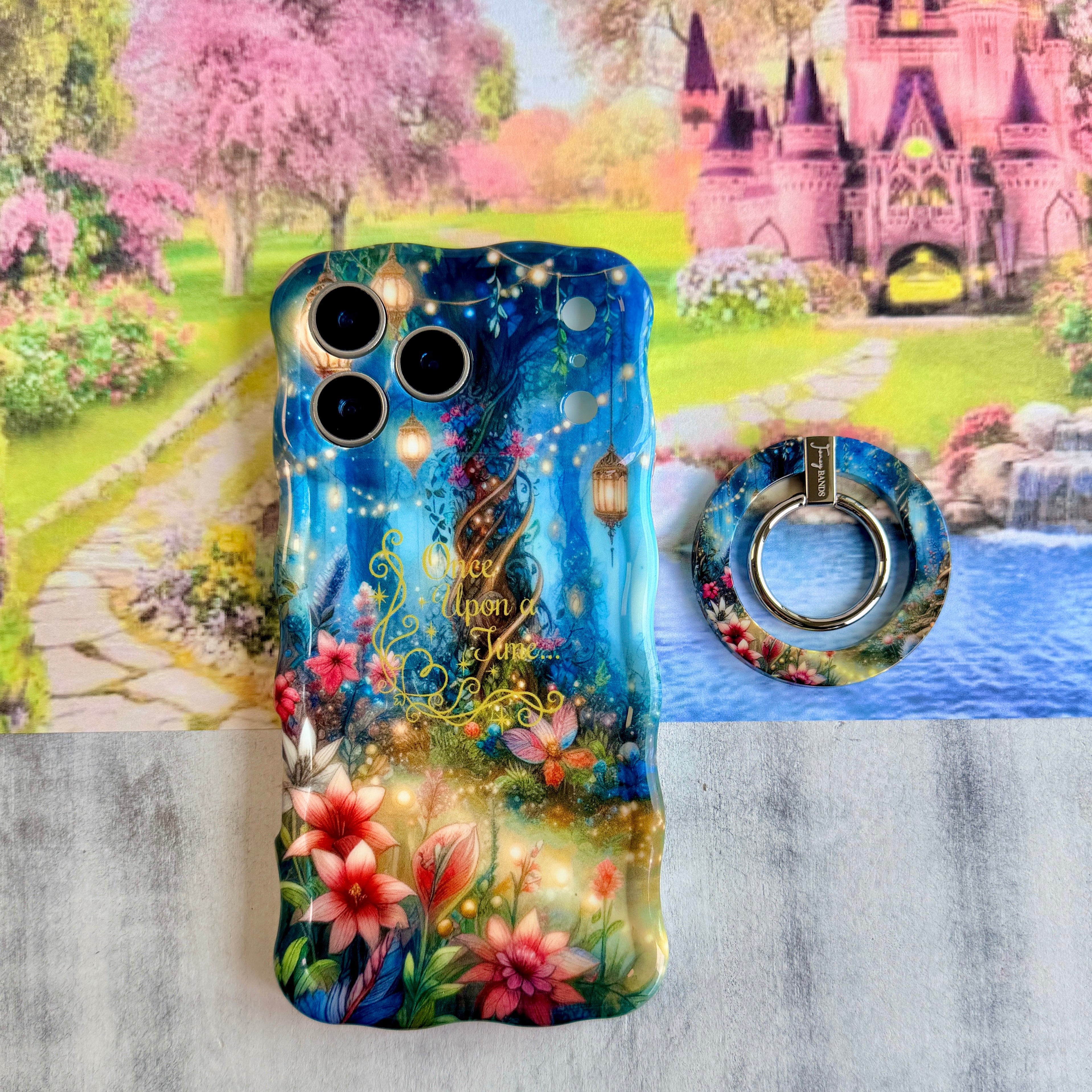 Once Upon A Time enchanted forest pattern MagSafe phone grip ring with whimsical trees and magical forest vibes compatible with iPhone and Samsung