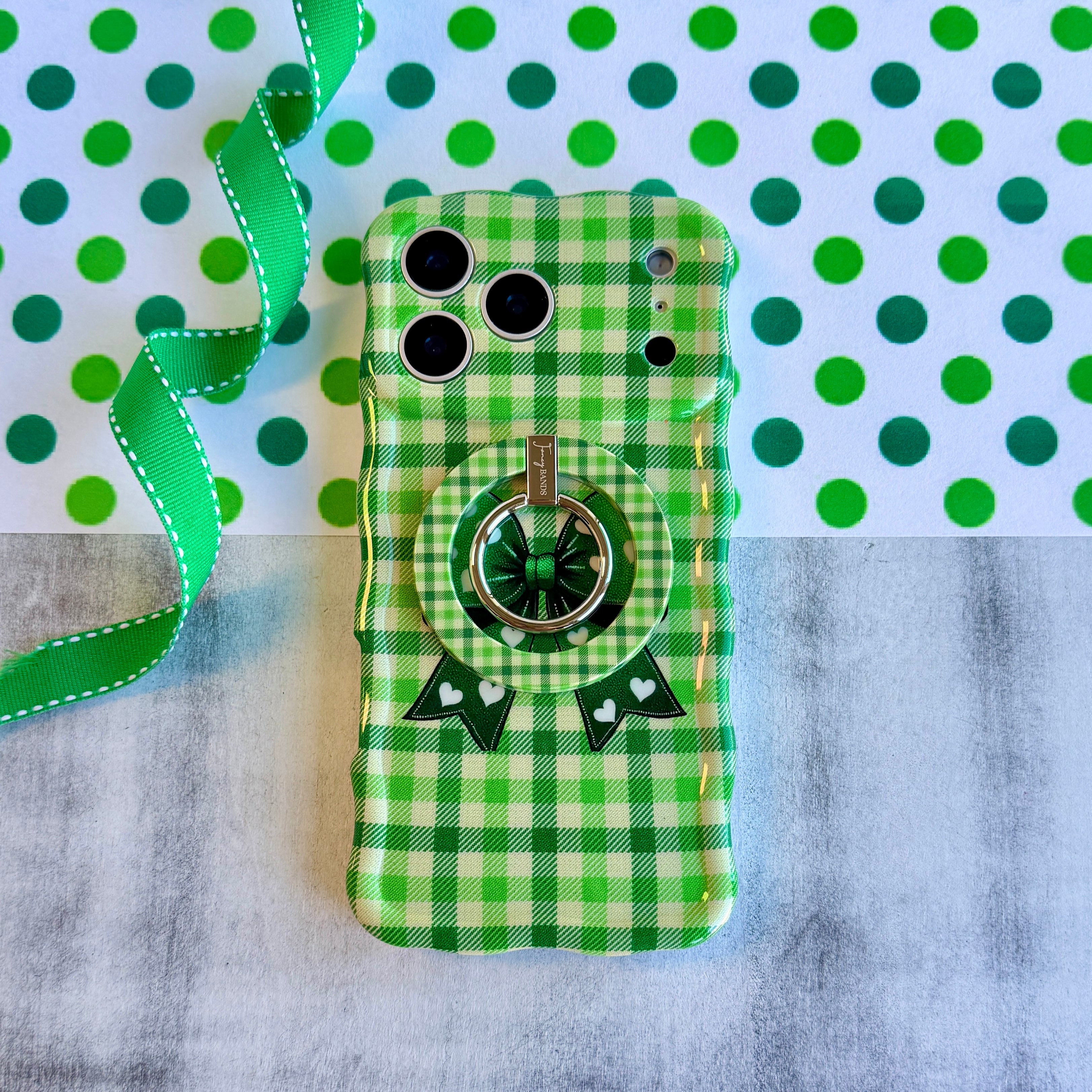 Green Gingham Darling picnic plaid pattern MagSafe phone grip ring in meadow green and cream compatible with iPhone and Samsung
