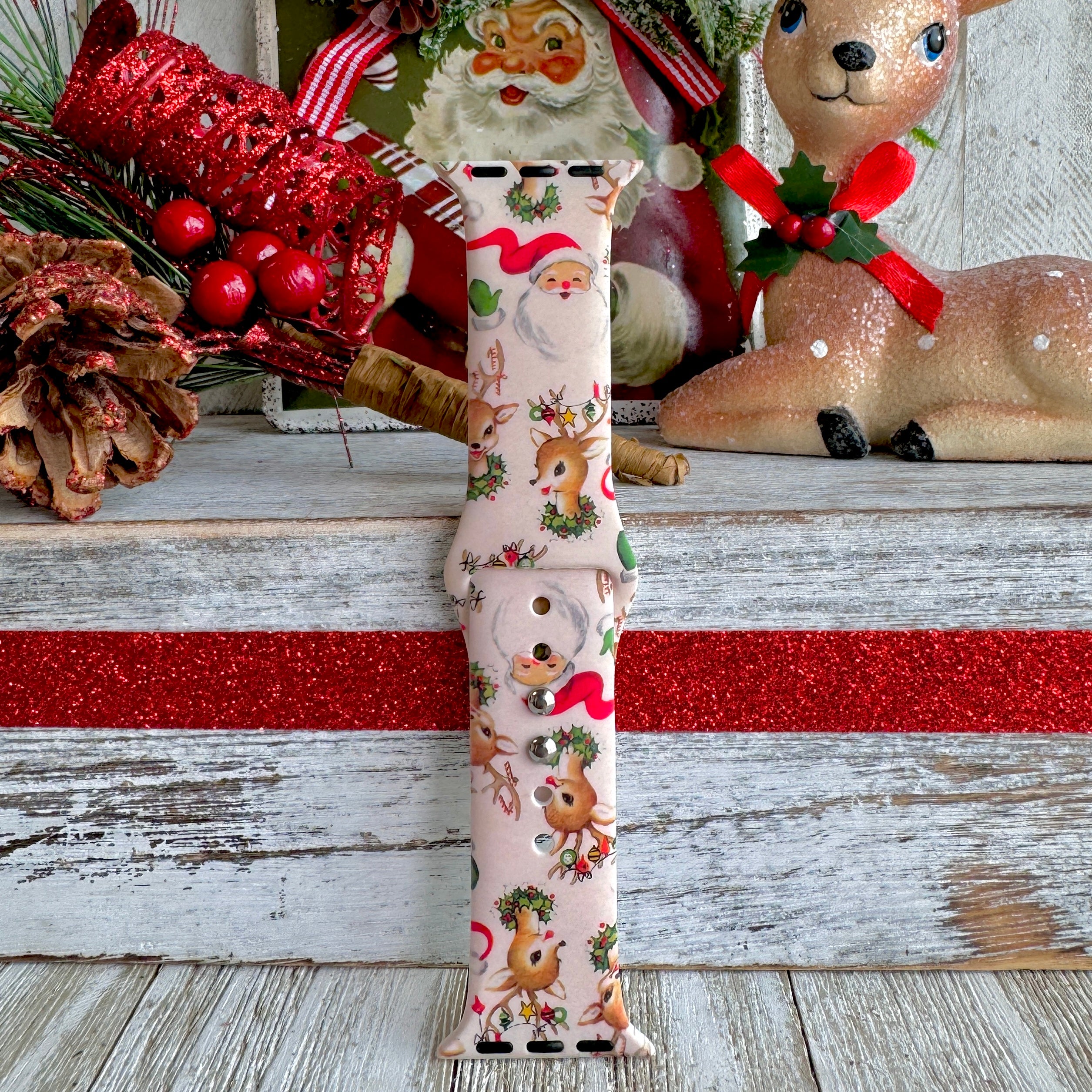 washable silicone apple watch band – nostalgic holiday motif on cream base