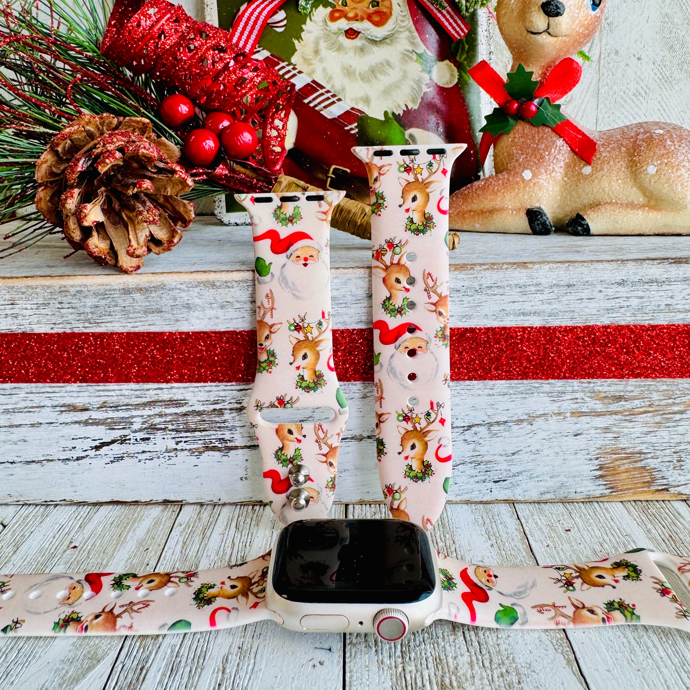 vintage christmas apple watch band – cream silicone with watercolor santa, reindeer and holly; fits 38–49 mm