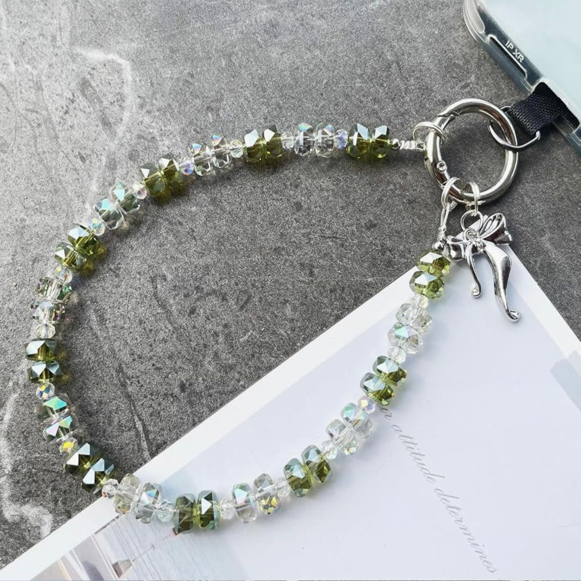 Bow & Bling Fancy Phone Charm â Bow & Bling Phone Charm - Iridescent & Emerald Beaded Phone Wrist Strap Put a bow on it and make it sparkle!
