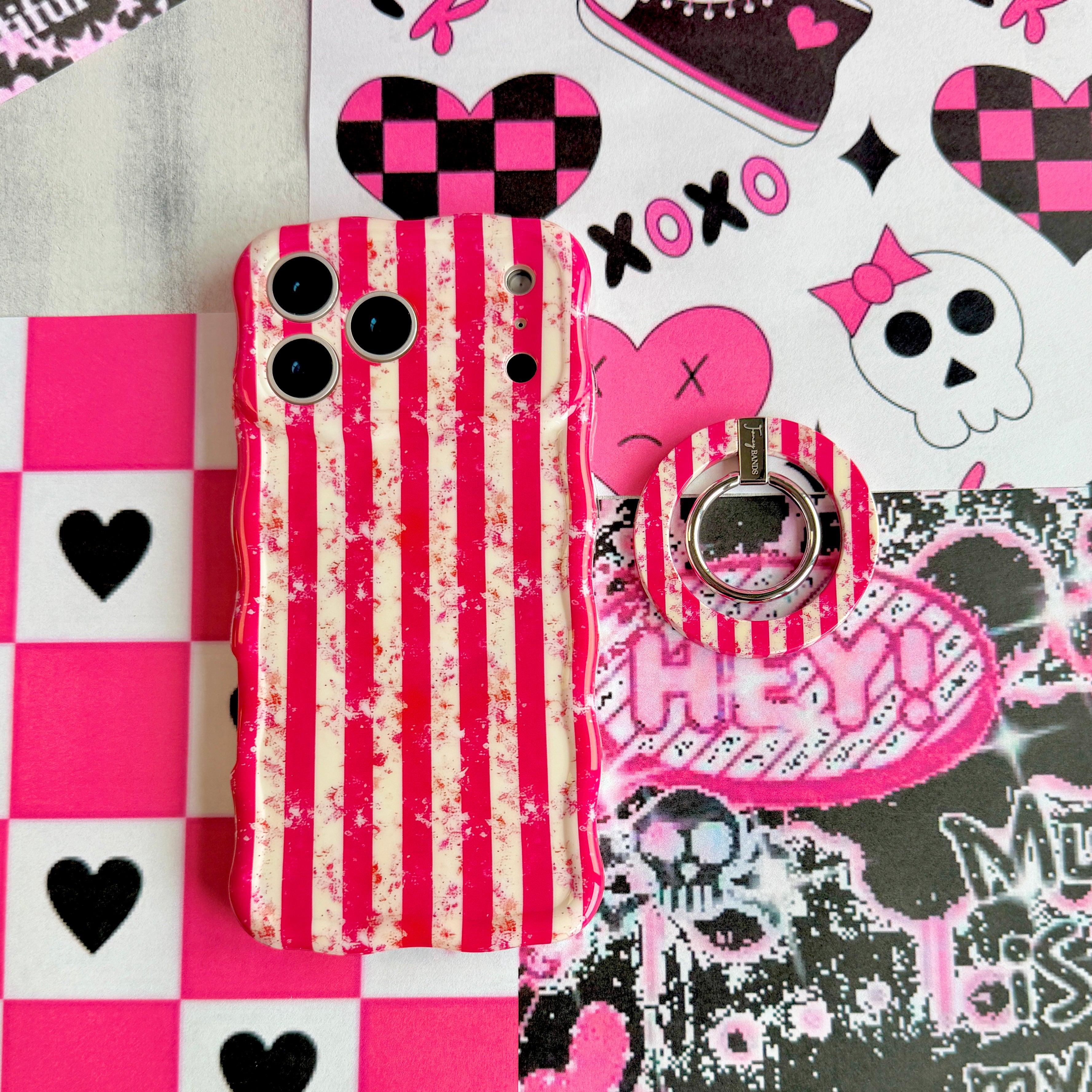 Rebel Wings graffiti butterfly MagSafe phone grip ring with electric blue butterflies, pink and orange paint splatters, and grunge street art design compatible with iPhone and Samsung