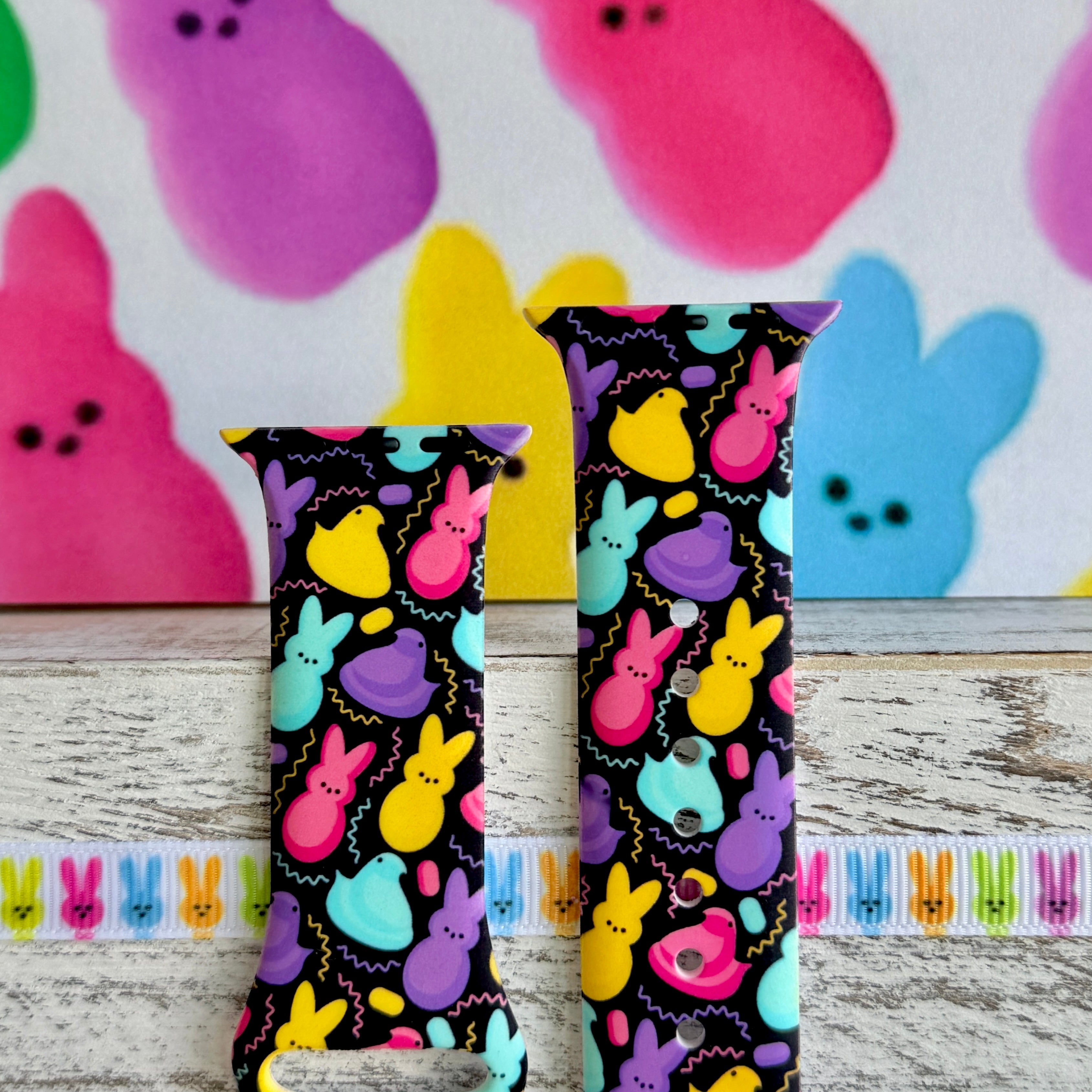 Neon Bunny Bash Apple Watch band with colorful peeps bunnies in pink, purple, yellow, and turquoise on black background