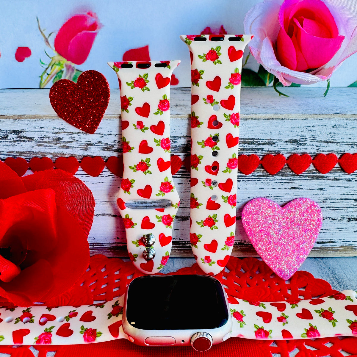 Kate Spade Red Heart Print Silicone Band for Apple & Samsung Smart Watches Sweetheart Blooms Print Silicone Band For Apple Watch  main image 2