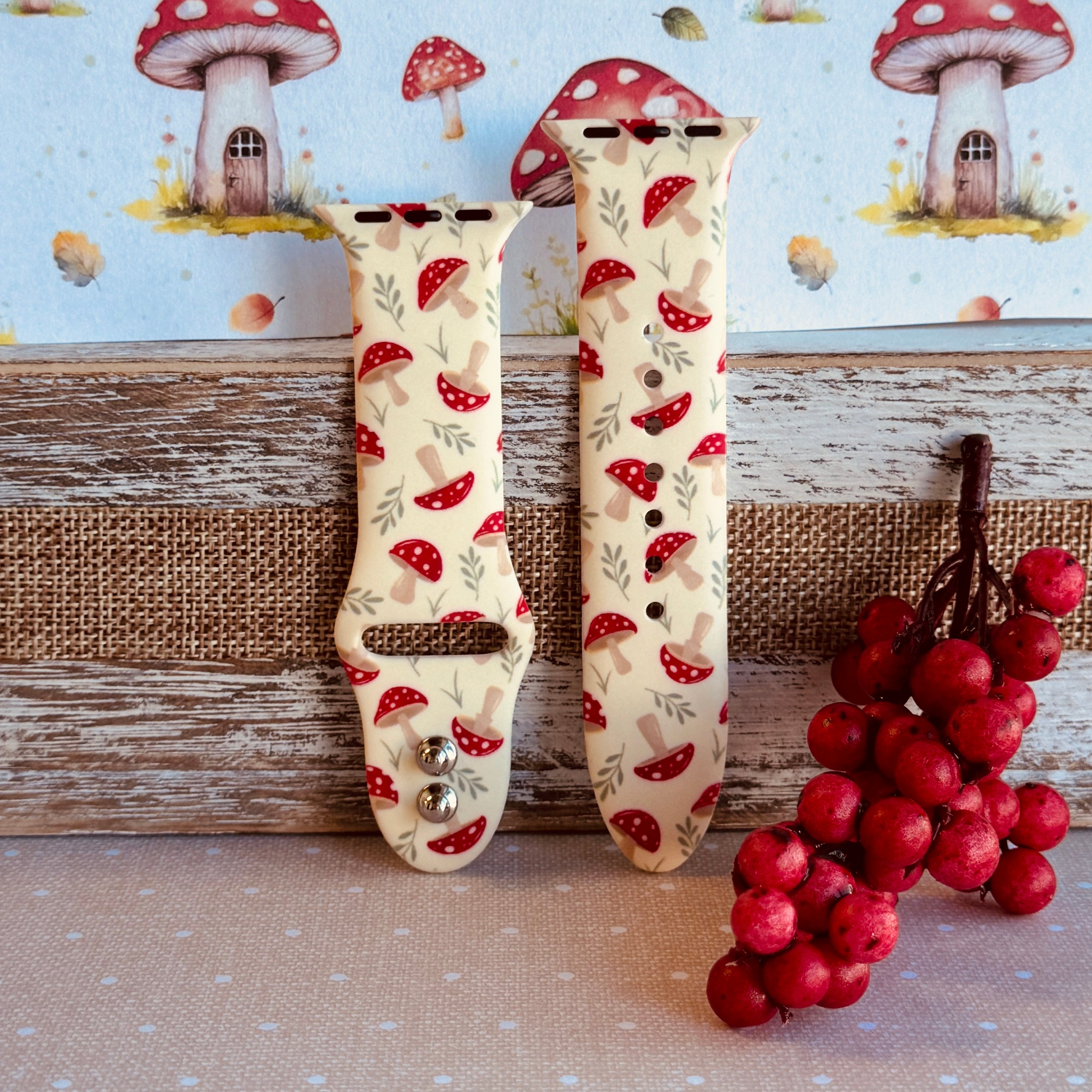 Mushroom Meadow Print Silicone Band For Apple Watch