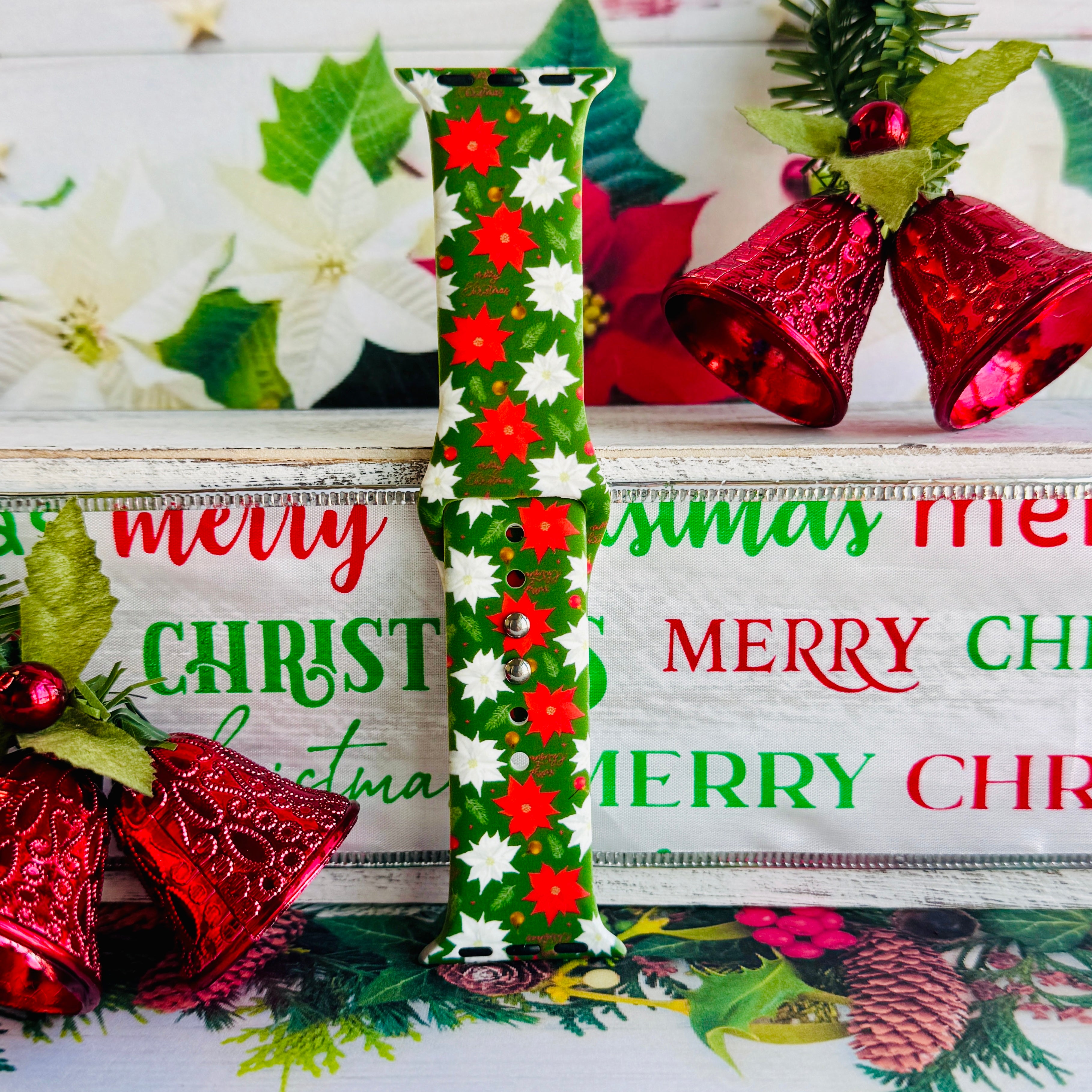 Poinsettia Pines botanical Apple Watch strap with elegant holiday flower and evergreen pattern