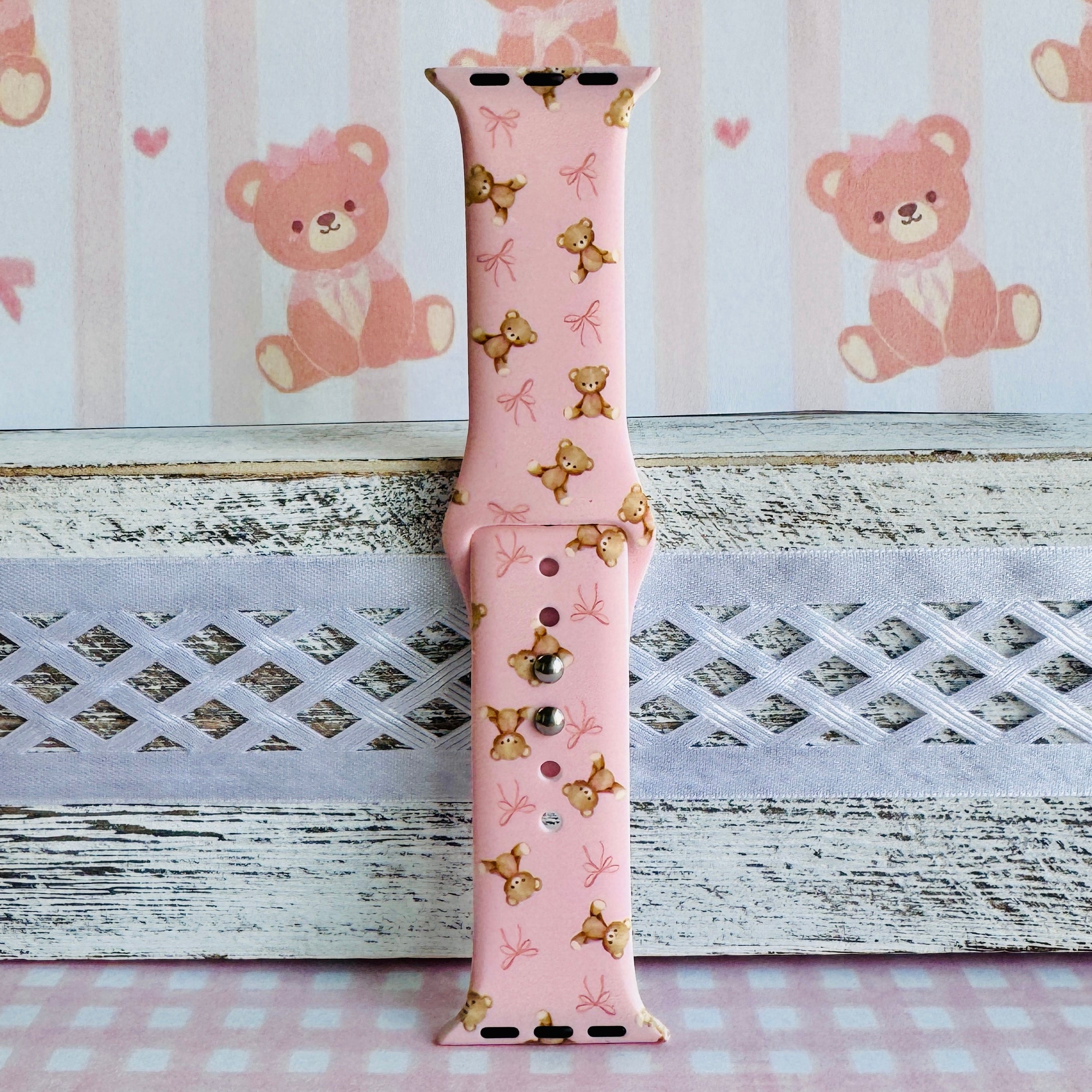 washable silicone apple watch band – pink coquette teddy motif