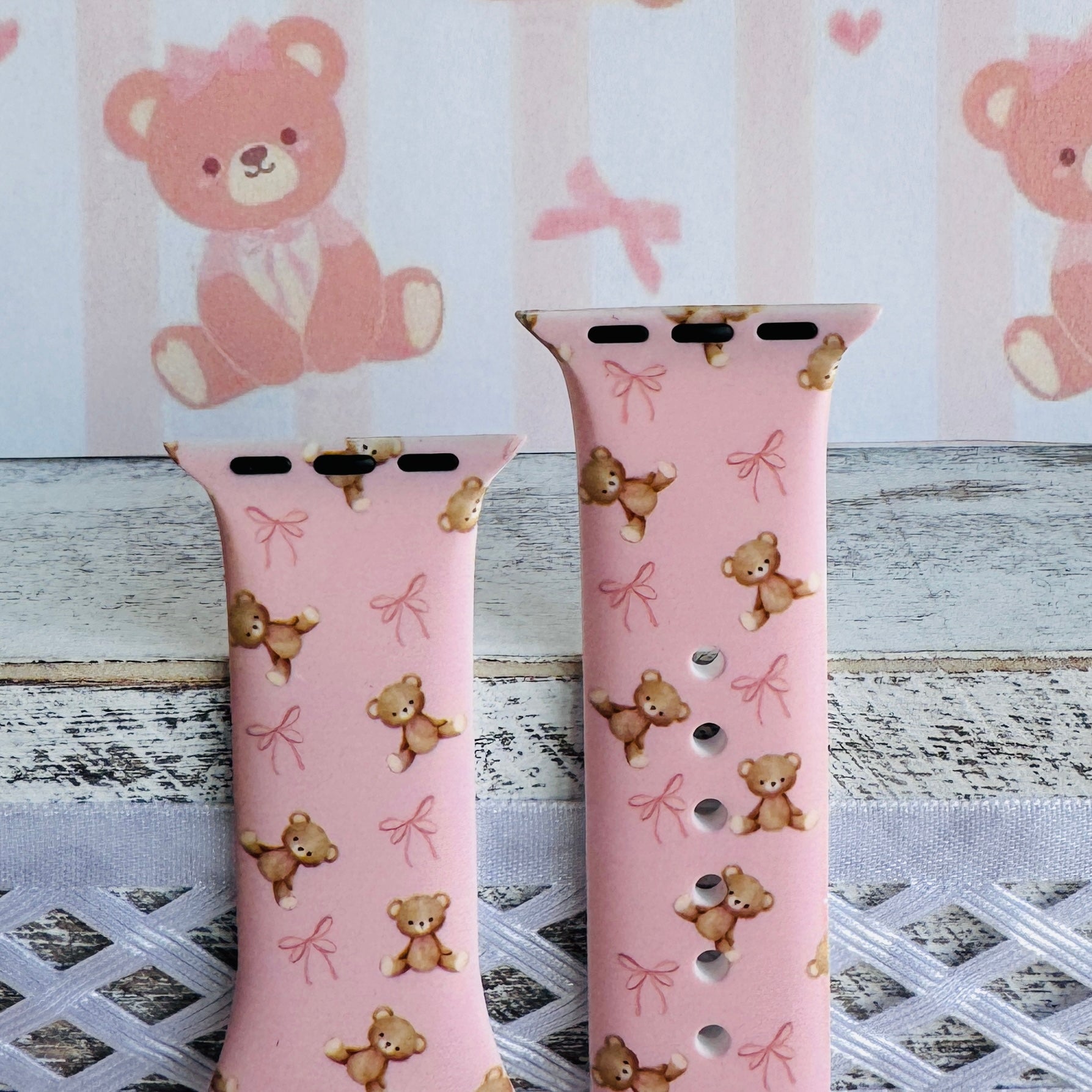 sugar bear crush silicone apple watch strap – teddy print closeup