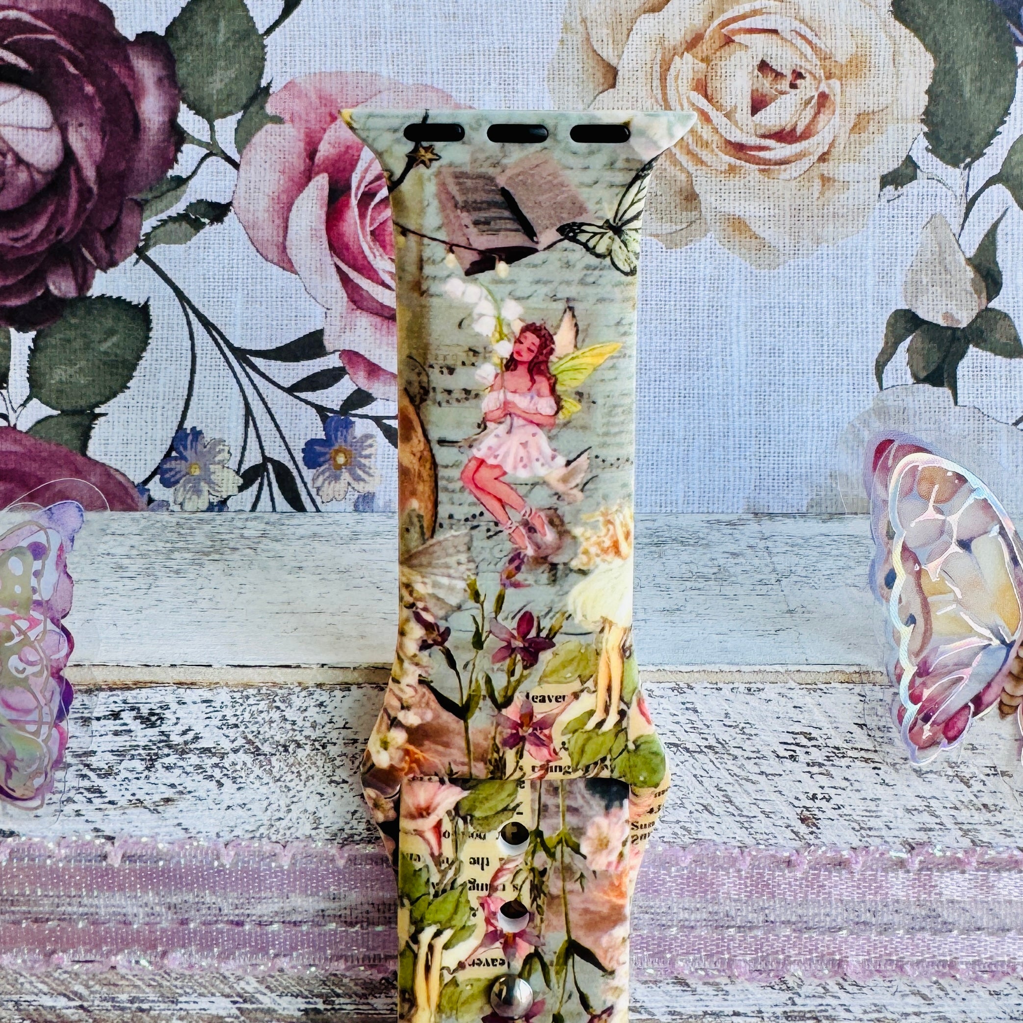 silicone apple watch strap closeup – petals & pixies floral fairy print, soft-touch finish
