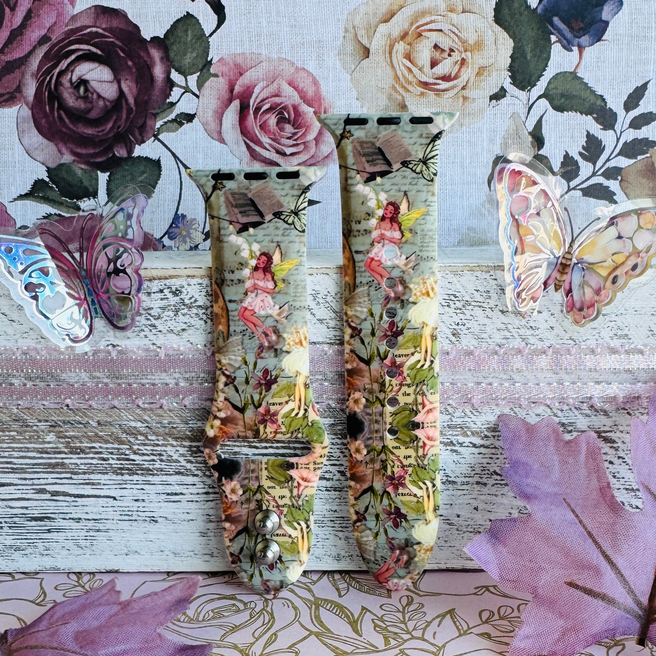 washable silicone apple watch band – sage/blush collage with butterflies and pixies