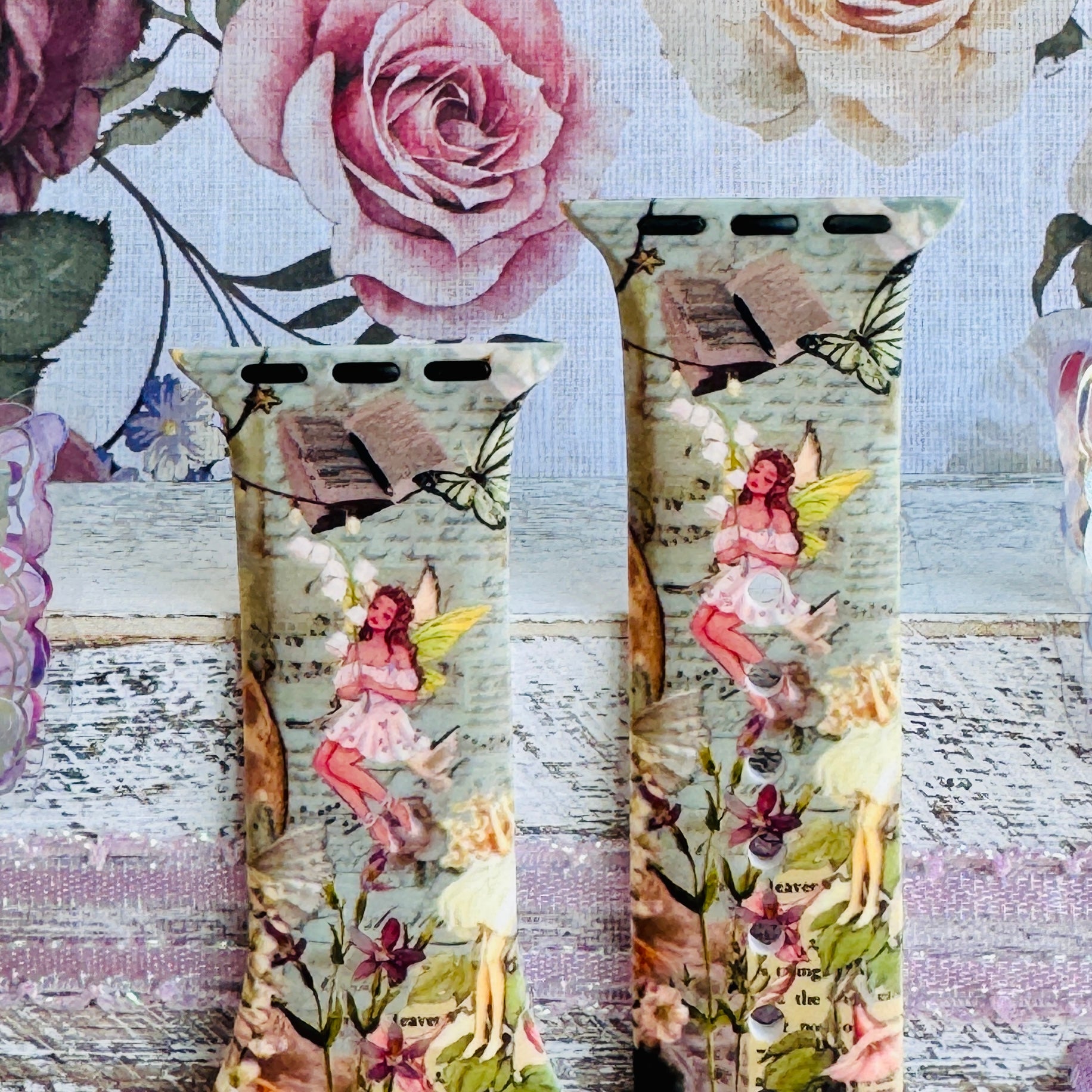 silicone apple watch strap closeup – petals & pixies floral fairy print, soft-touch finish