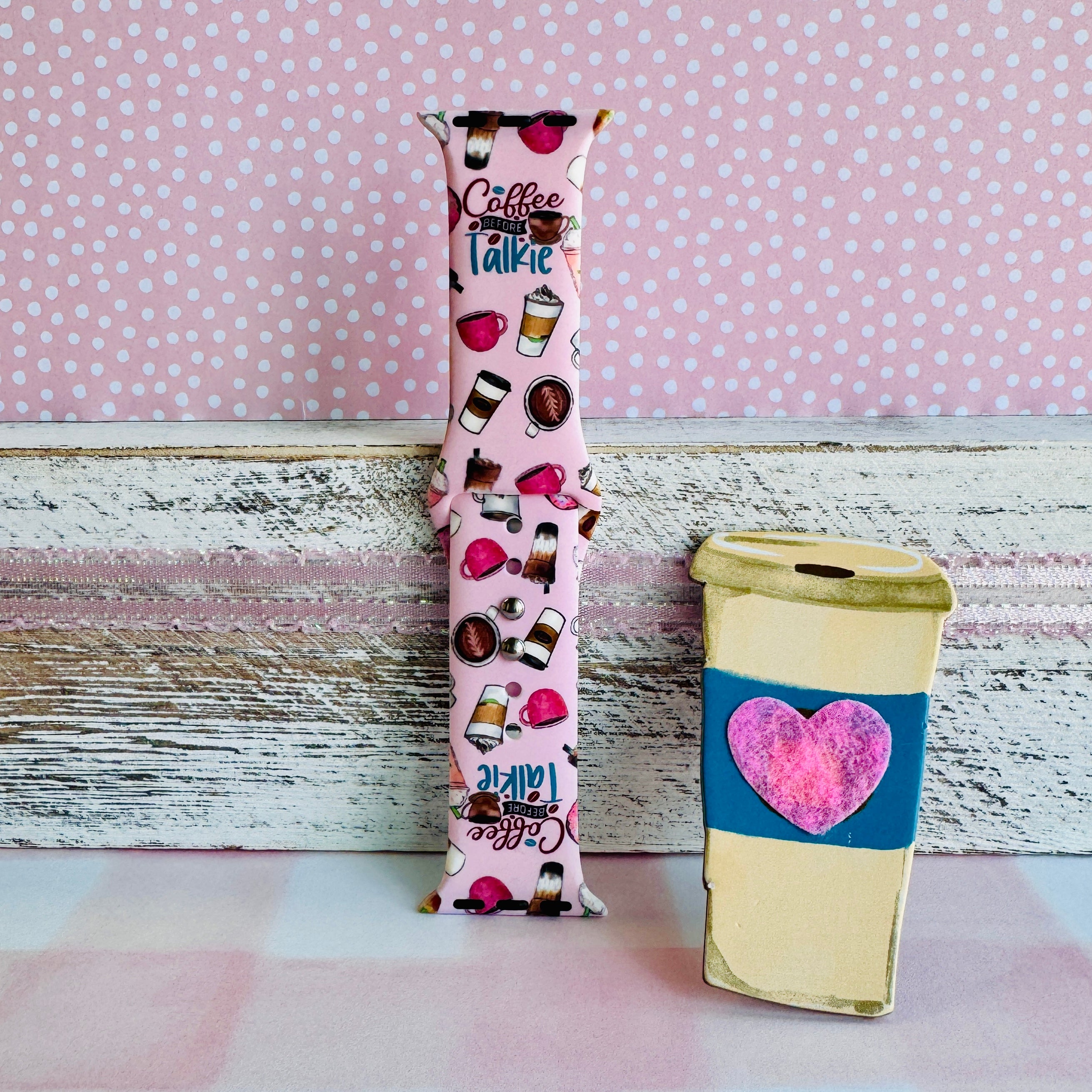 washable silicone apple watch band – pink coffee motif, soft-touch finish