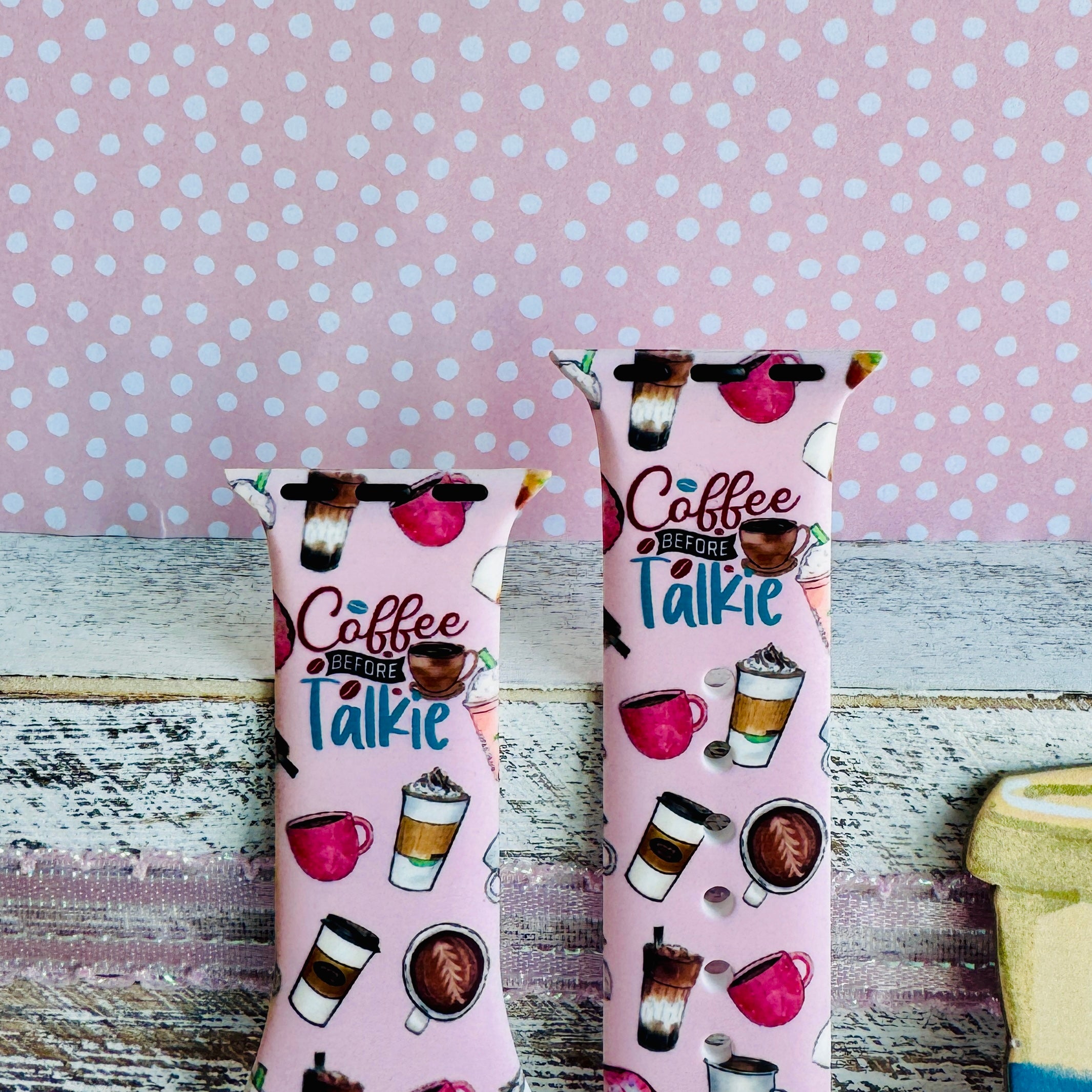 silicone apple watch strap closeup – coffee before talkie slogan and latte icons